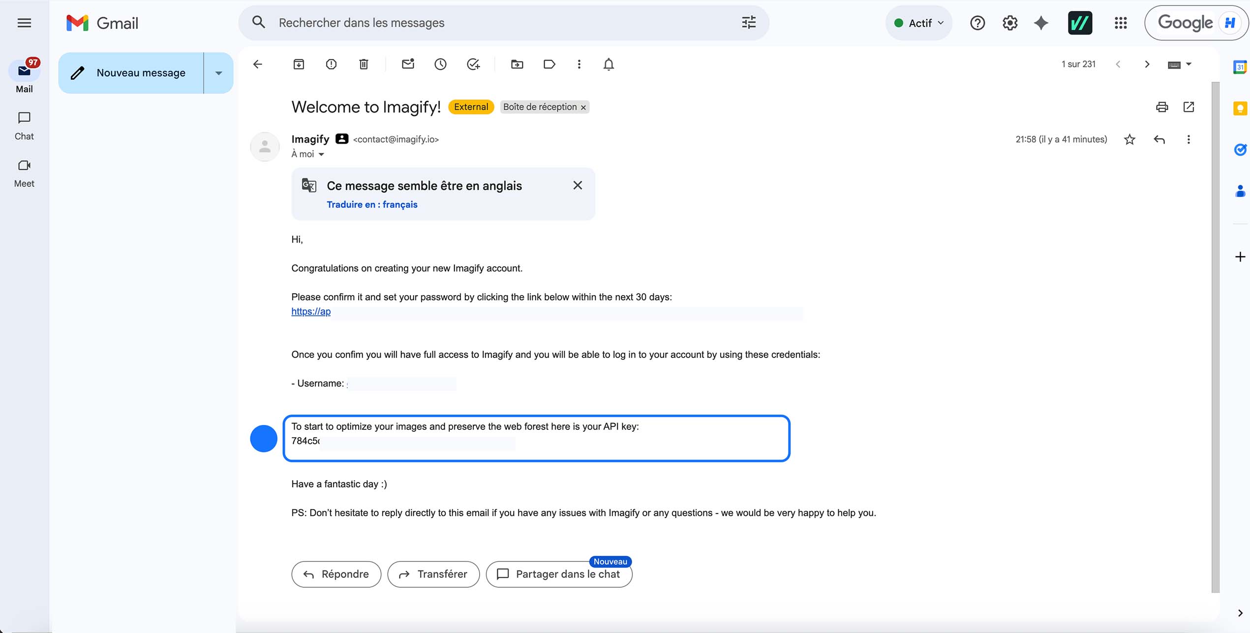 Email de bienvenue d’Imagify contenant la clé API nécessaire pour connecter le plugin WordPress