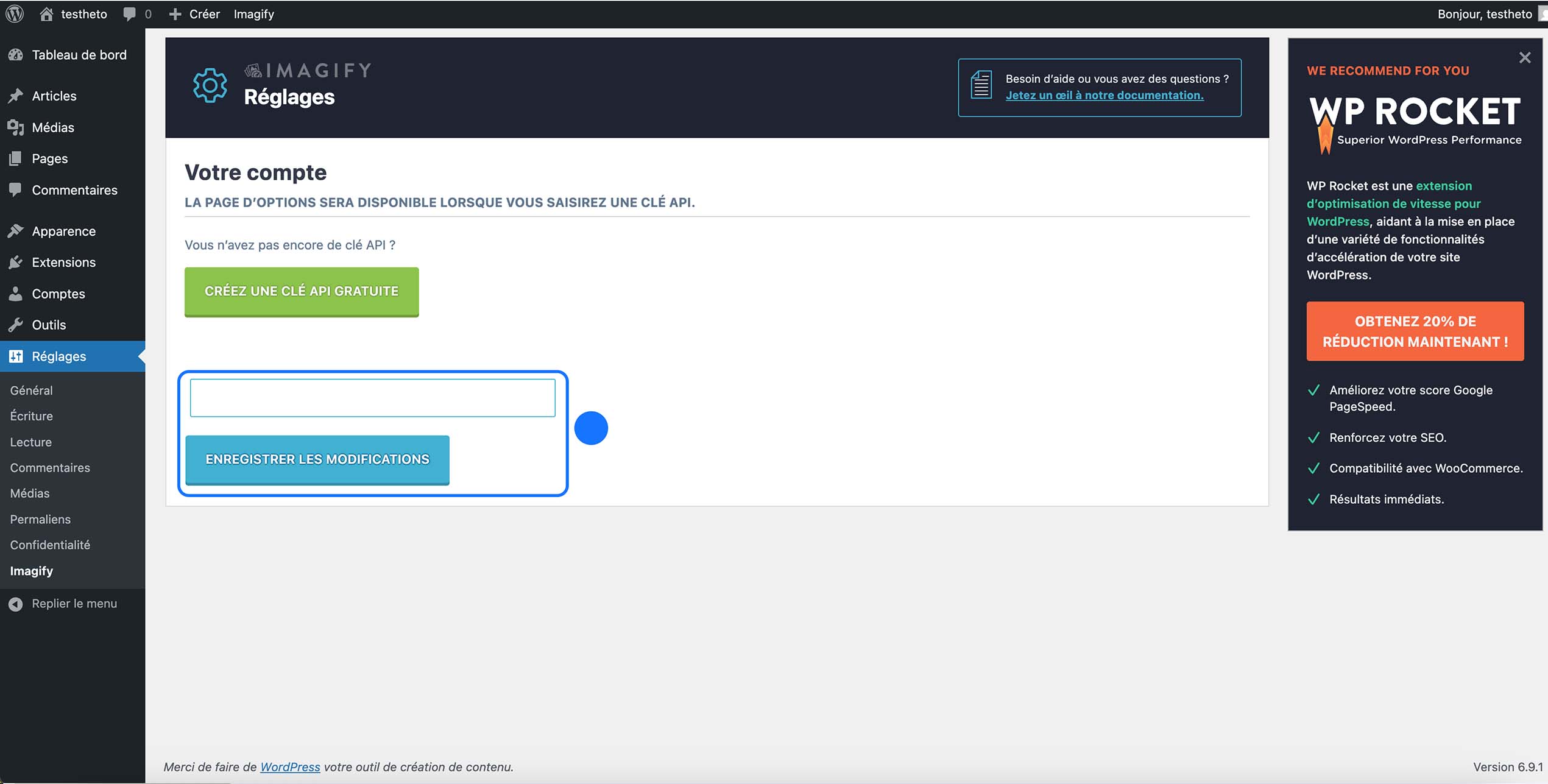 Page de connexion à l’API du plugin WordPress Imagify pour activer l’optimisation des images