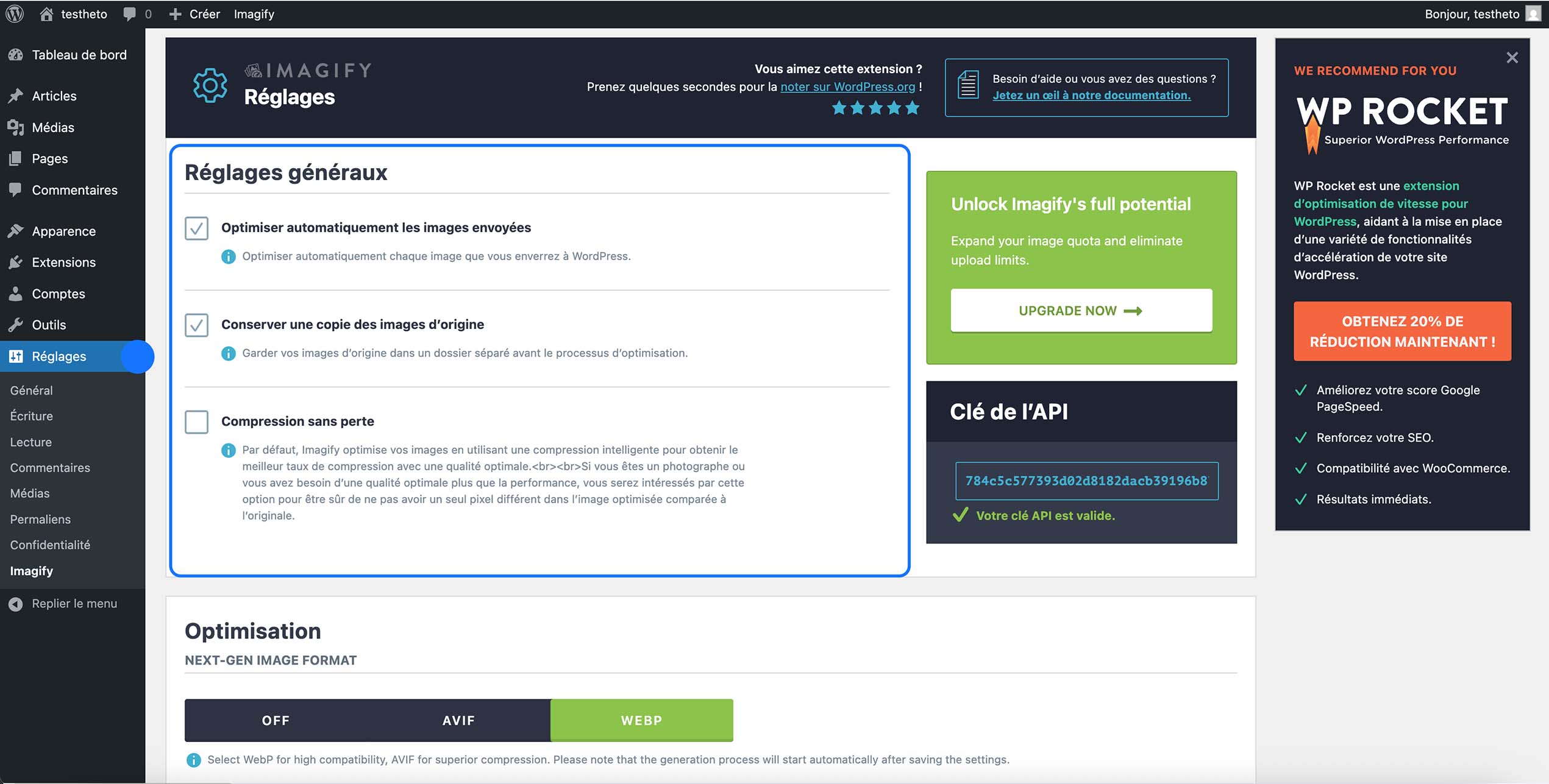 Réglages généraux du plugin WordPress Imagify avec les options d’optimisation automatique et de sauvegarde des images originales