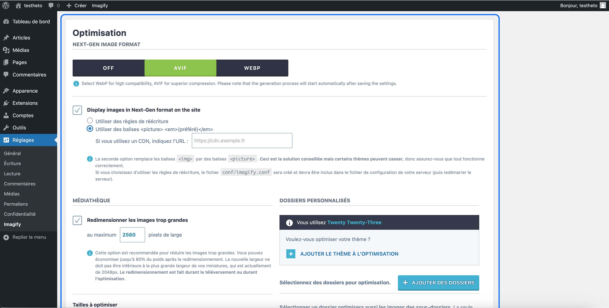 Réglages du plugin WordPress Imagify pour activer les formats d’images nouvelle génération WebP et AVIF