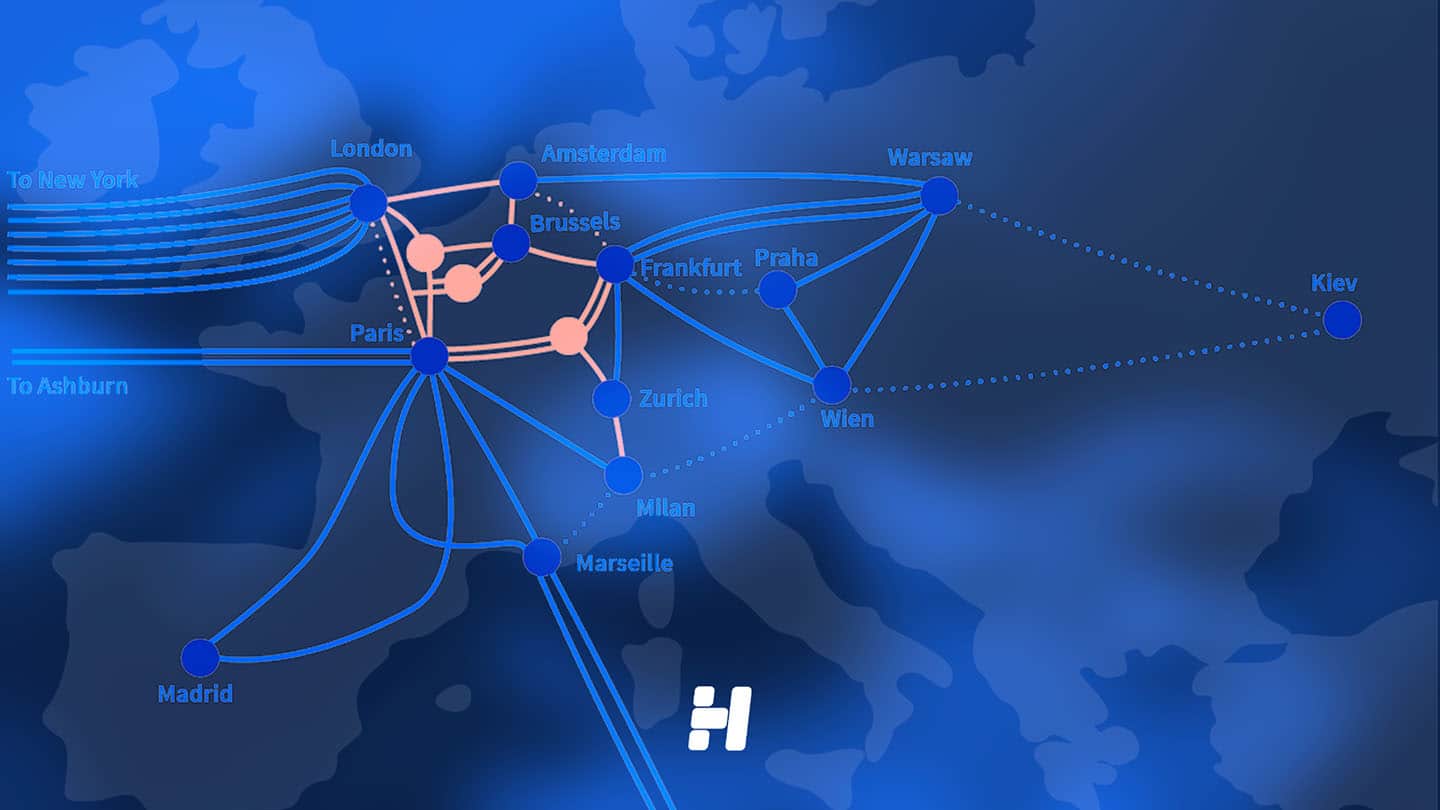 Une carte du réseau d’OVHcloud en Europe, illustrant les interconnexions entre différents data centers et les routes de trafic entre grandes villes.