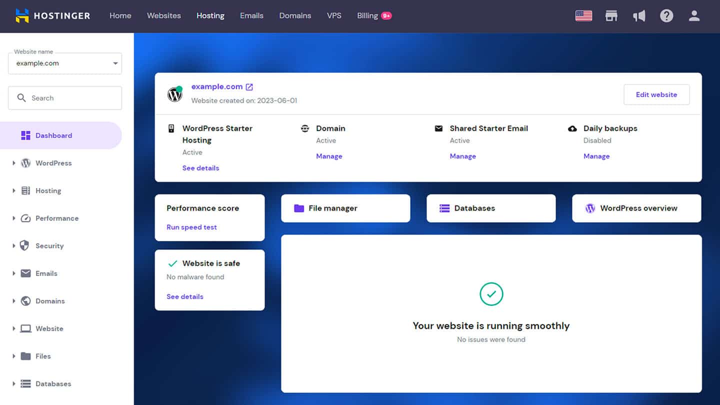 Une capture d’écran du tableau de bord Hostinger présentant l’état général d’un site WordPress, avec les services actifs, des accès rapides aux outils principaux et une confirmation que le site fonctionne correctement.