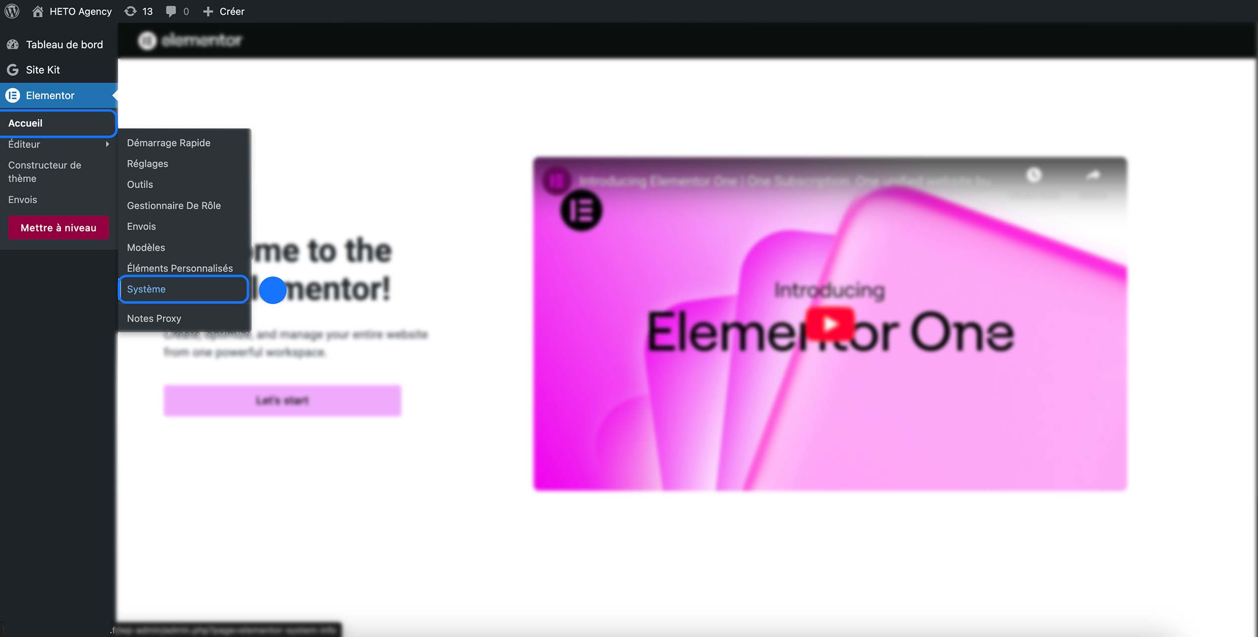 Capture d’écran du tableau de bord WordPress montrant le menu Elementor, avec l’onglet Système mis en évidence dans les réglages, pour accéder aux informations techniques et à l’état du constructeur de pages.