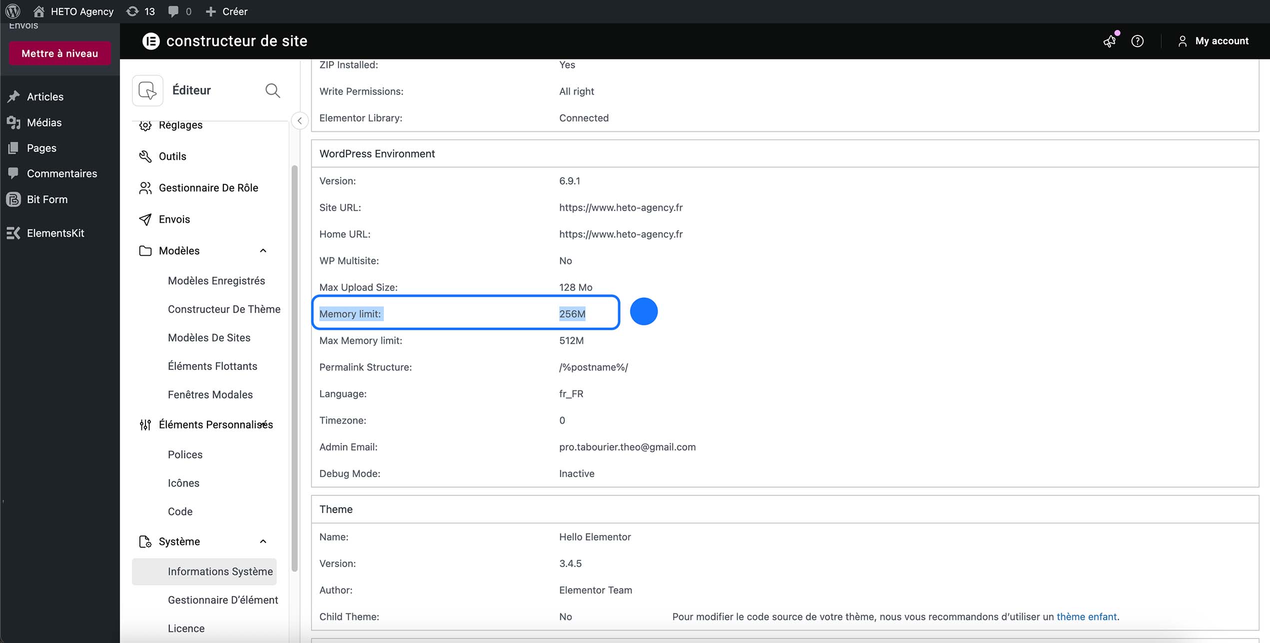 Capture d’écran de la page Informations Système d’Elementor dans WordPress, affichant la section WordPress Environment avec la ligne Memory limit : 256M mise en évidence, confirmant l’augmentation de la mémoire allouée à WordPress.