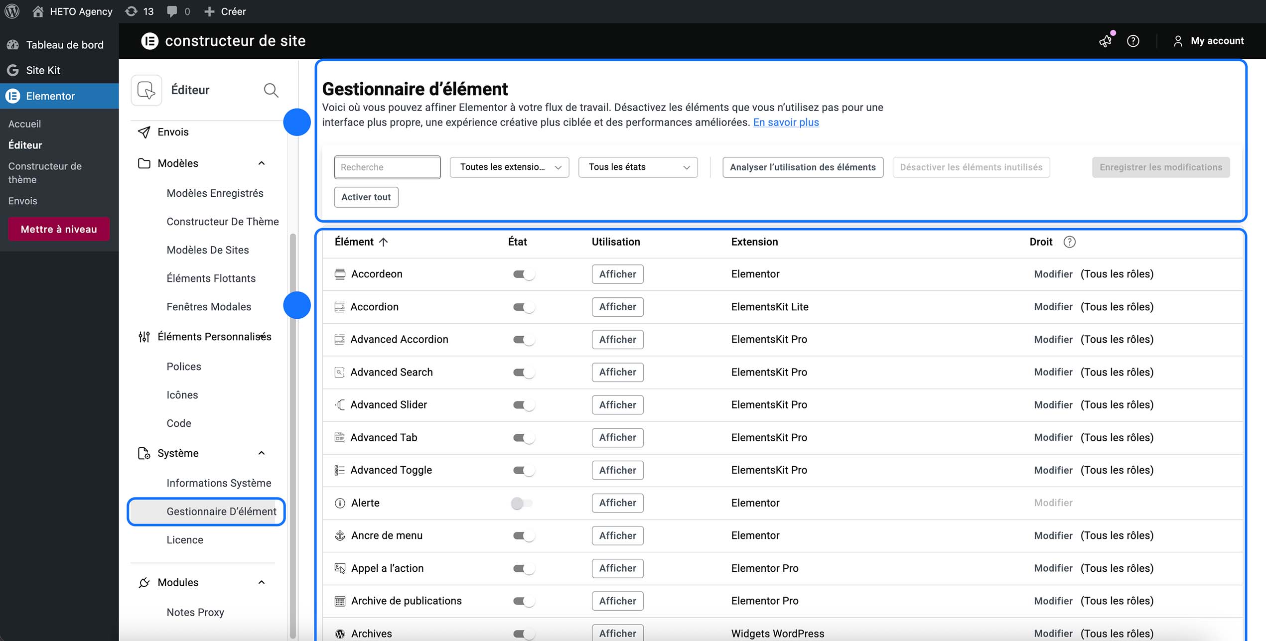 Capture d’écran du Gestionnaire d’éléments d’Elementor dans WordPress, affichant la liste des widgets (Accordion, Advanced Search, Advanced Slider, etc.) avec leurs options d’activation/désactivation afin d’optimiser les performances et personnaliser les fonctionnalités du constructeur.