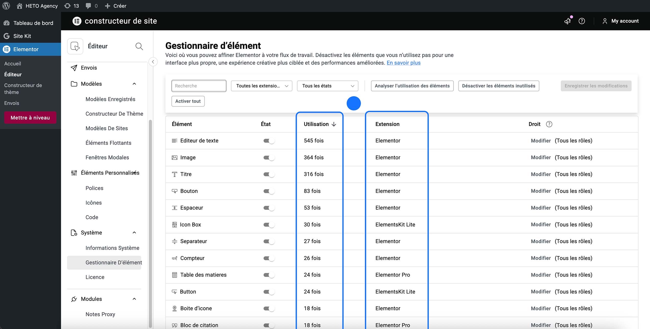 Capture d’écran du Gestionnaire d’éléments d’Elementor dans WordPress, montrant la colonne “Utilisation” avec le nombre d’occurrences de chaque widget ainsi que la colonne “Extension”, afin d’analyser quels éléments sont réellement utilisés sur le site.