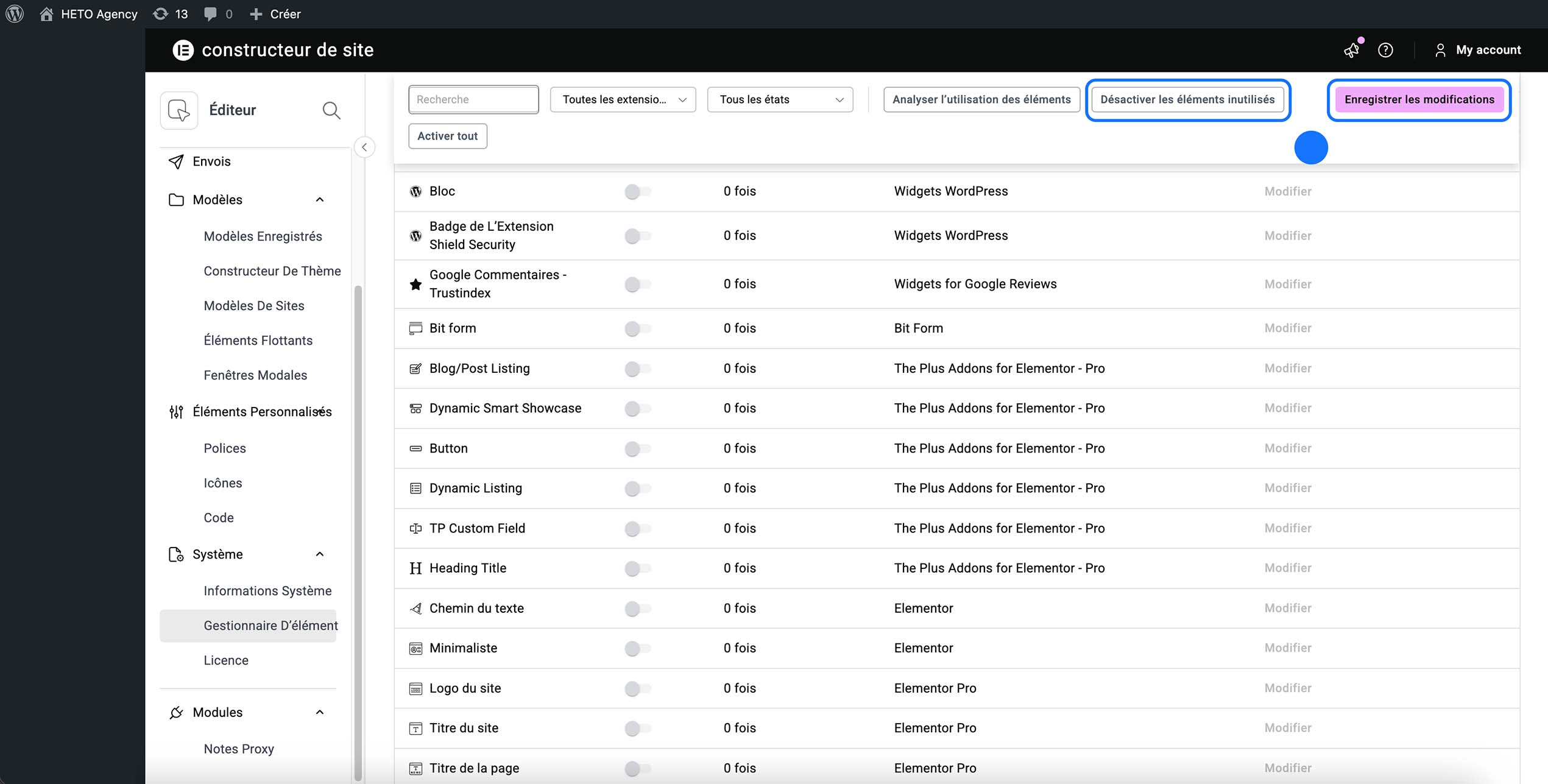 Capture d’écran du Gestionnaire d’éléments d’Elementor dans WordPress affichant plusieurs widgets avec 0 utilisation, ainsi que les boutons “Désactiver les éléments inutilisés” et “Enregistrer les modifications”, illustrant la possibilité d’optimiser les performances en désactivant les éléments non utilisés.