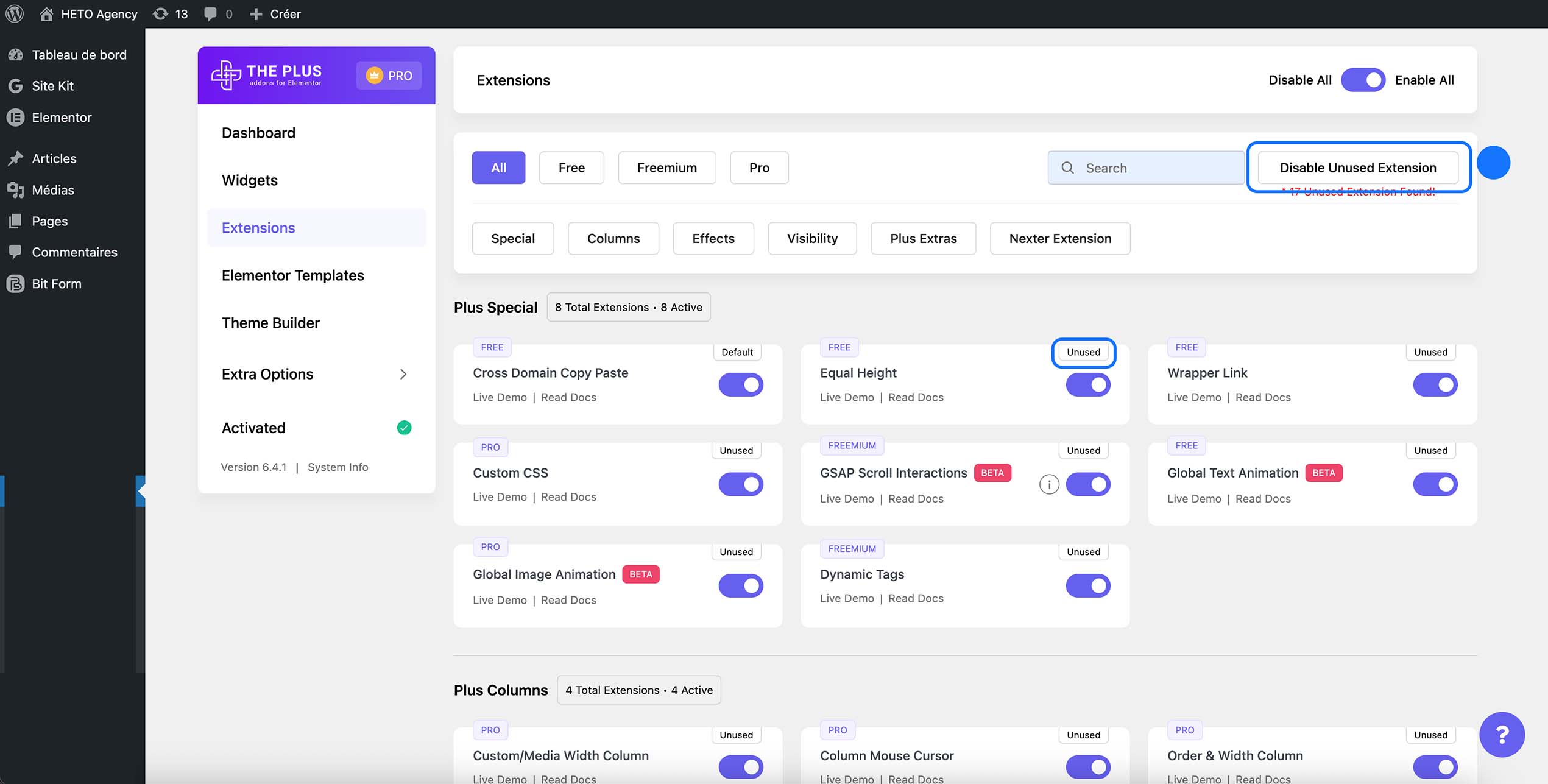 Capture d’écran du plugin The Plus Addons for Elementor (onglet Extensions) affichant la liste des modules disponibles, avec le bouton “Disable Unused Extension” mis en avant et plusieurs extensions marquées comme “Unused”, illustrant la désactivation des modules inutilisés pour optimiser les performances du site.