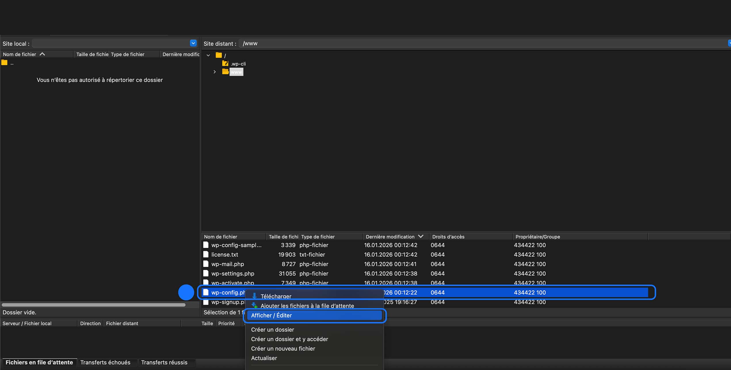 Capture d’écran d’un client FTP ouvert dans le dossier /www, montrant les fichiers WordPress, avec le fichier wp-config.php sélectionné et l’option « Afficher / Éditer » mise en évidence pour modifier sa configuration.