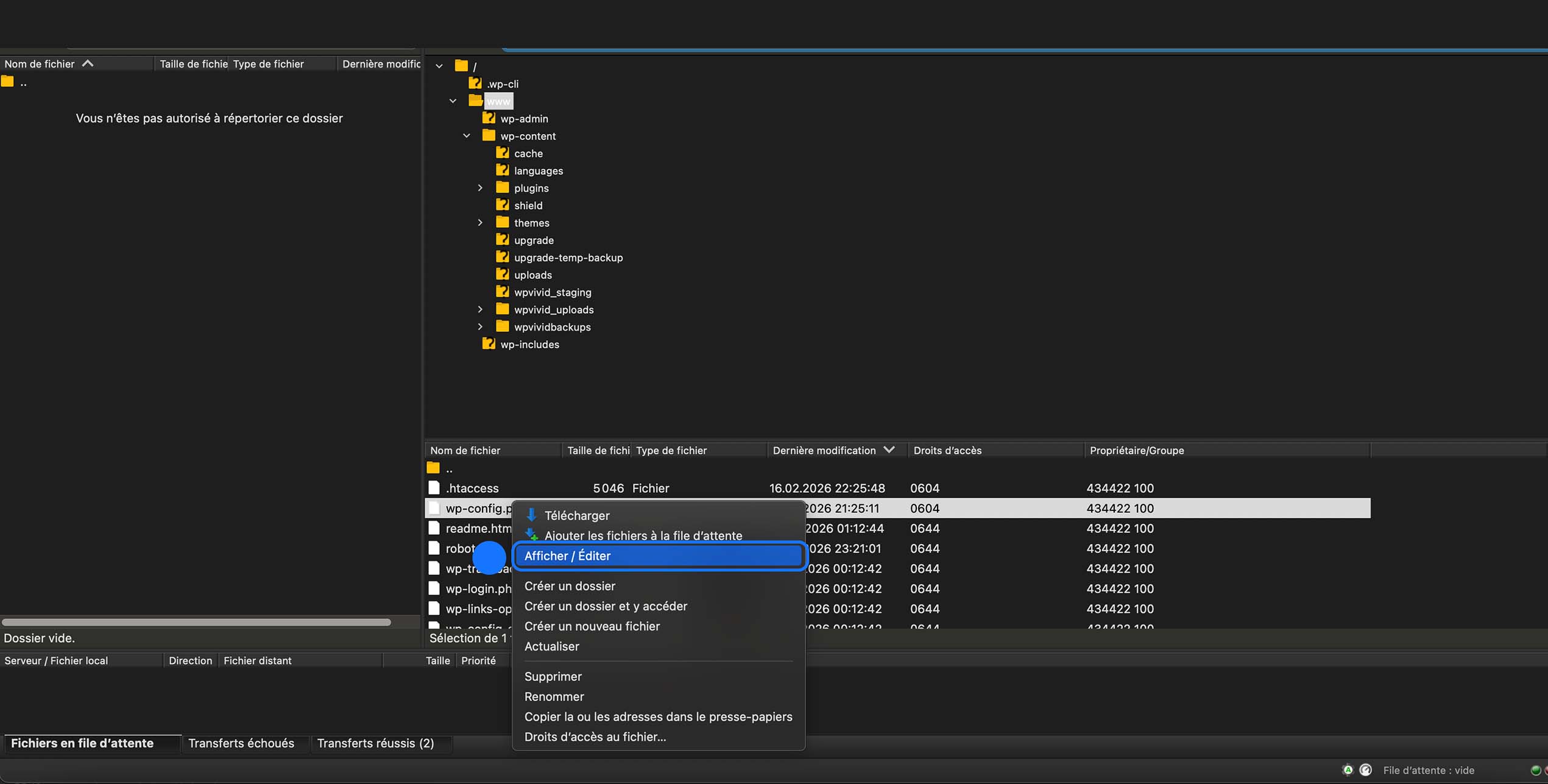 Ouverture du fichier wp-config.php via FTP pour modification des paramètres WordPress.