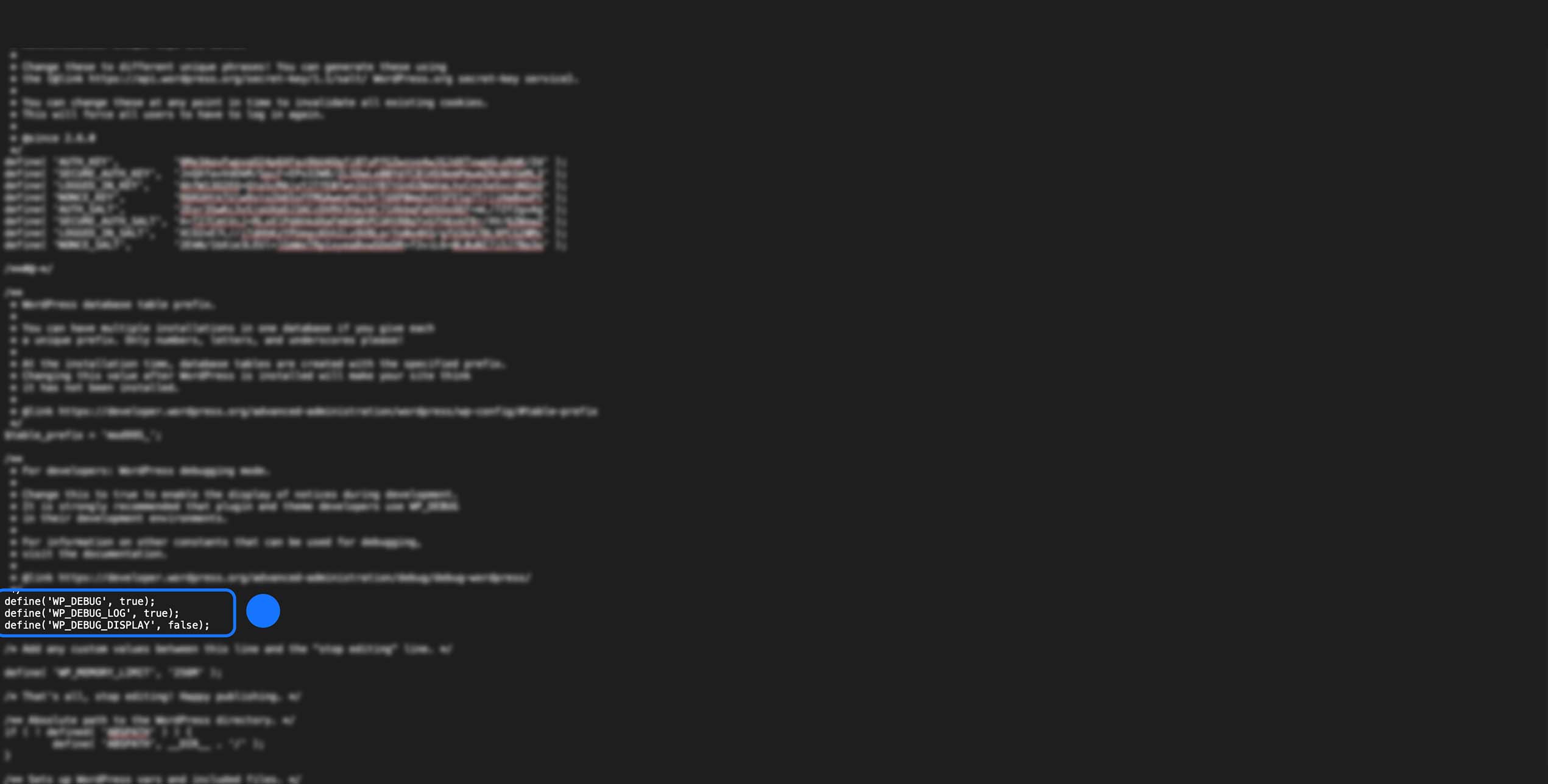 Activation du mode debug WordPress dans wp-config.php avec WP_DEBUG, WP_DEBUG_LOG et affichage désactivé.