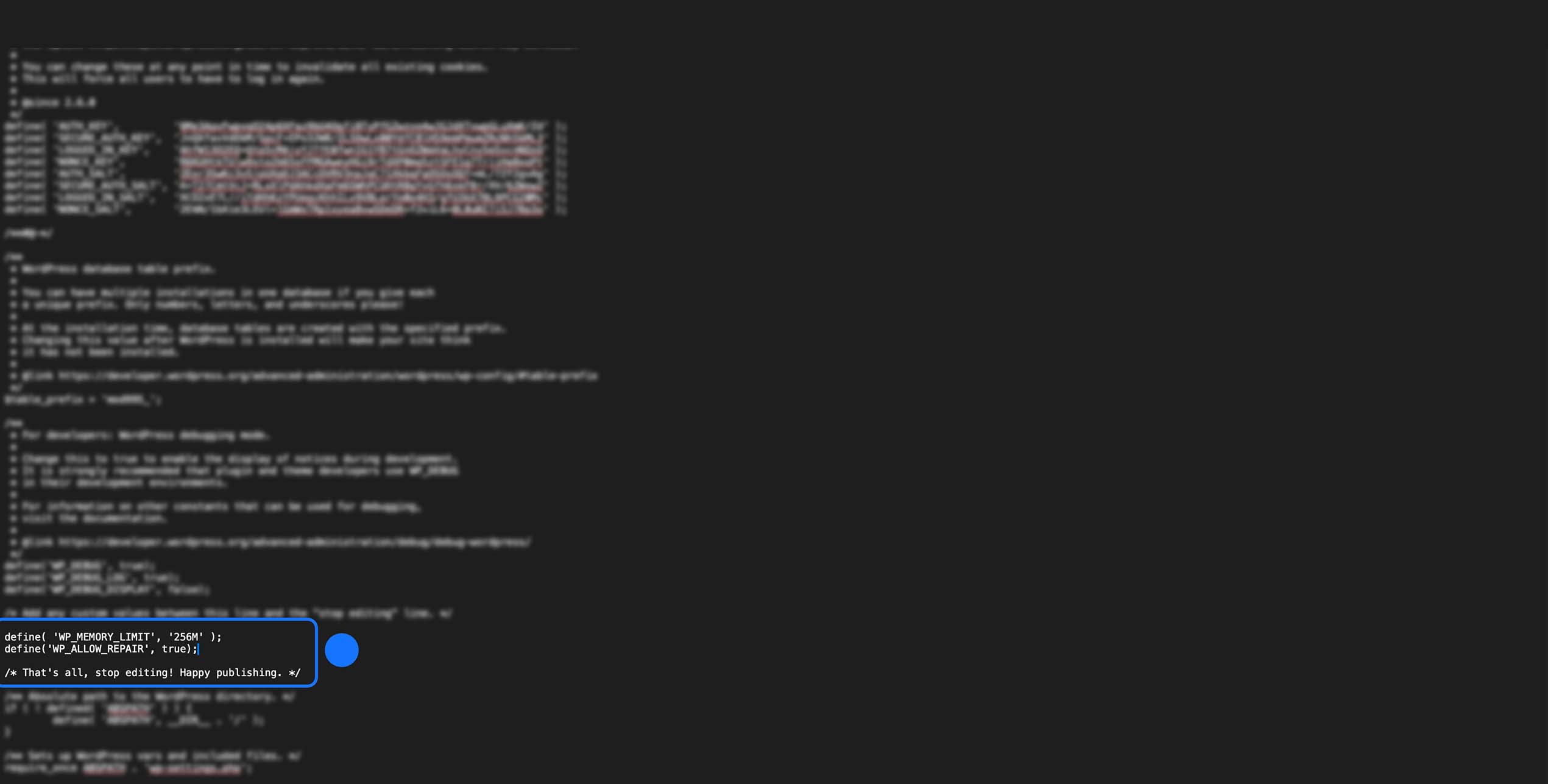 Modification du fichier wp-config.php WordPress avec augmentation de la mémoire et activation de la réparation de la base de données.