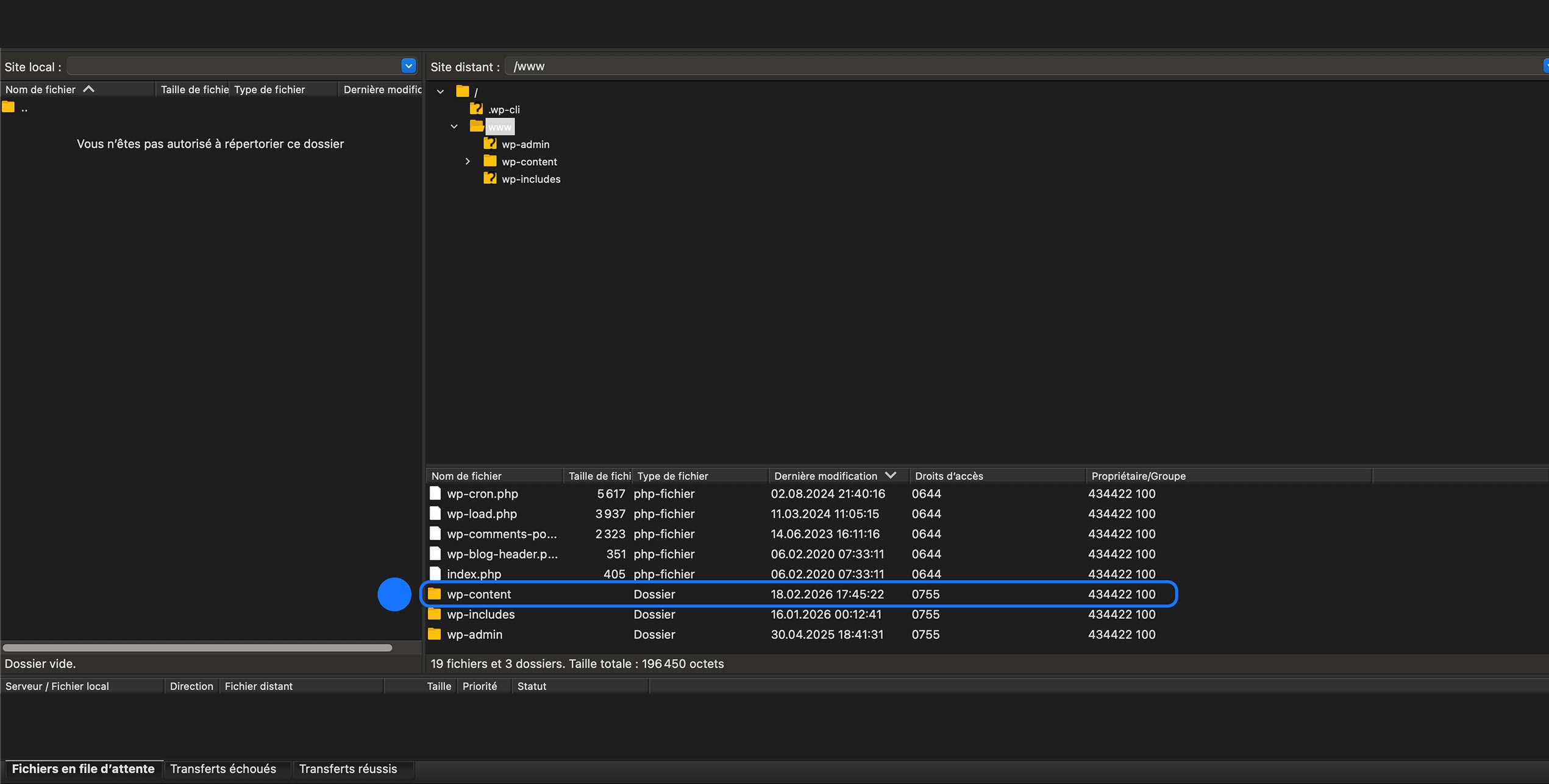 Sélection du dossier wp-content à la racine du site WordPress pour accéder aux éléments principaux du site (extensions, thèmes, uploads, cache).
