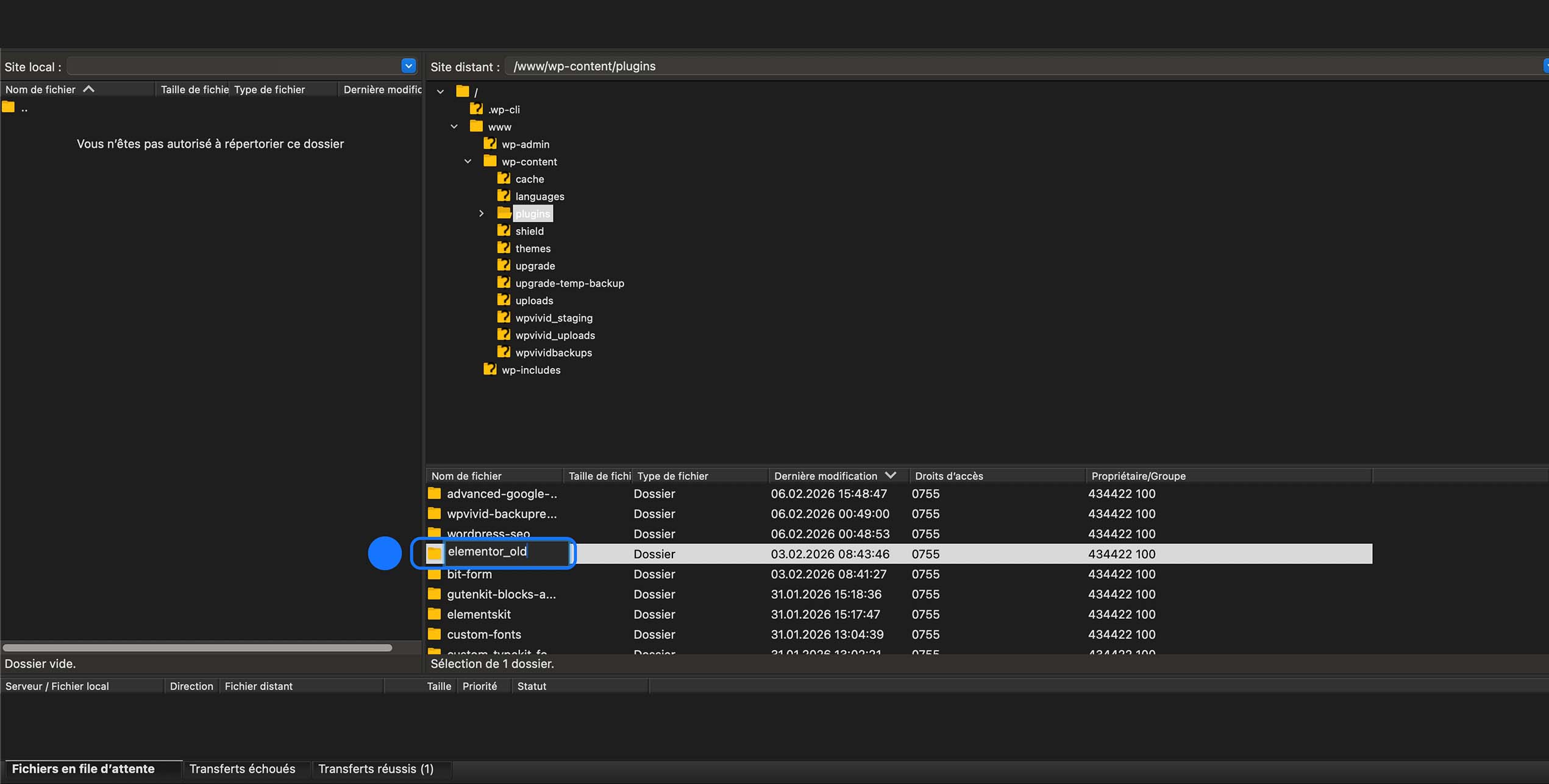 Accès au dossier wp-content/plugins et sélection du dossier elementor_old pour le désactiver, le restaurer ou le renommer.