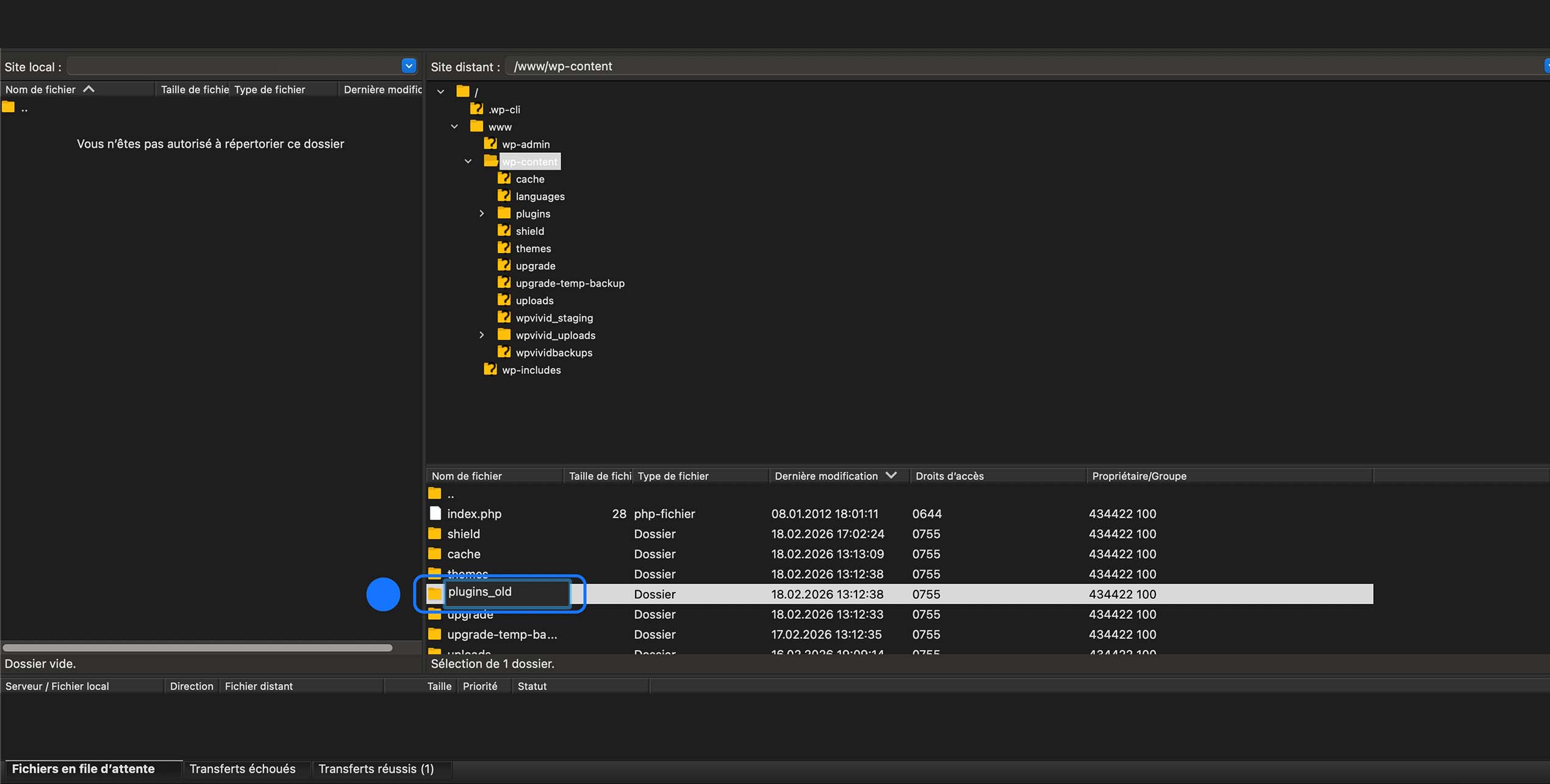 Accès au dossier wp-content et sélection du dossier plugins_old pour le gérer, le restaurer ou le renommer.