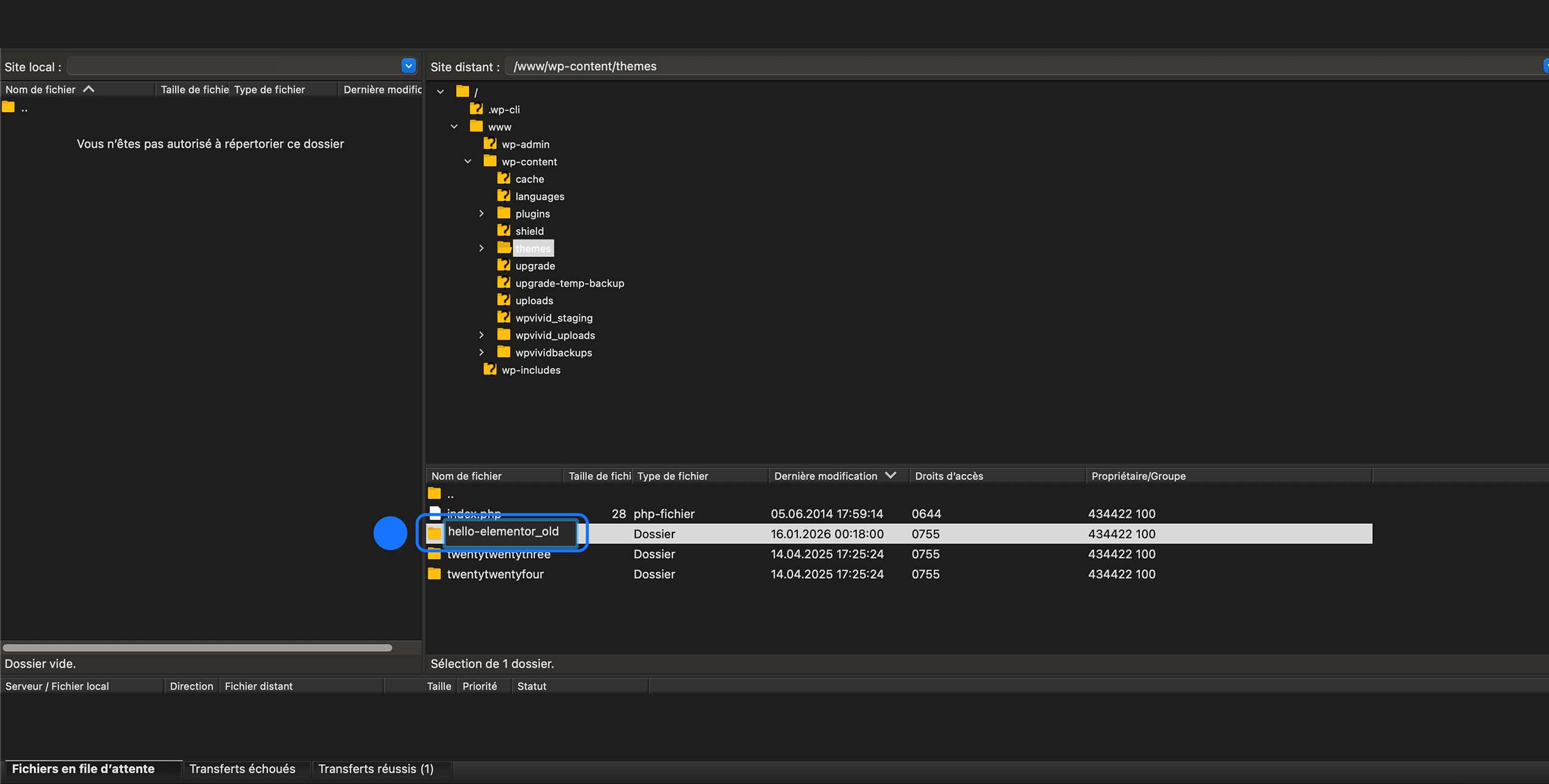 Accès au dossier wp-content → themes et sélection du dossier du thème hello-elementor_old pour le gérer ou le modifier.