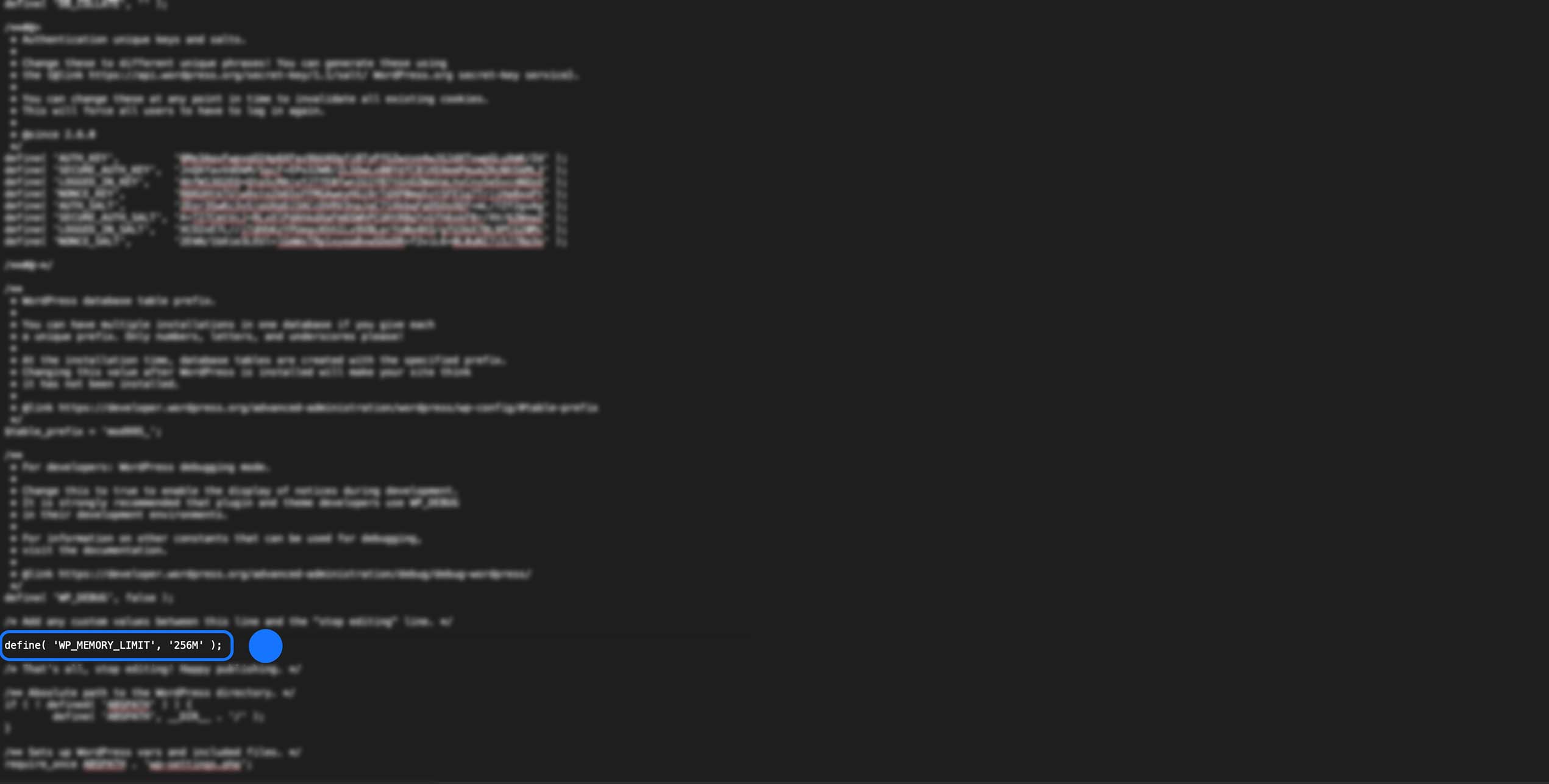 Augmentation de la mémoire PHP de WordPress via la directive WP_MEMORY_LIMIT dans le fichier wp-config.php.
