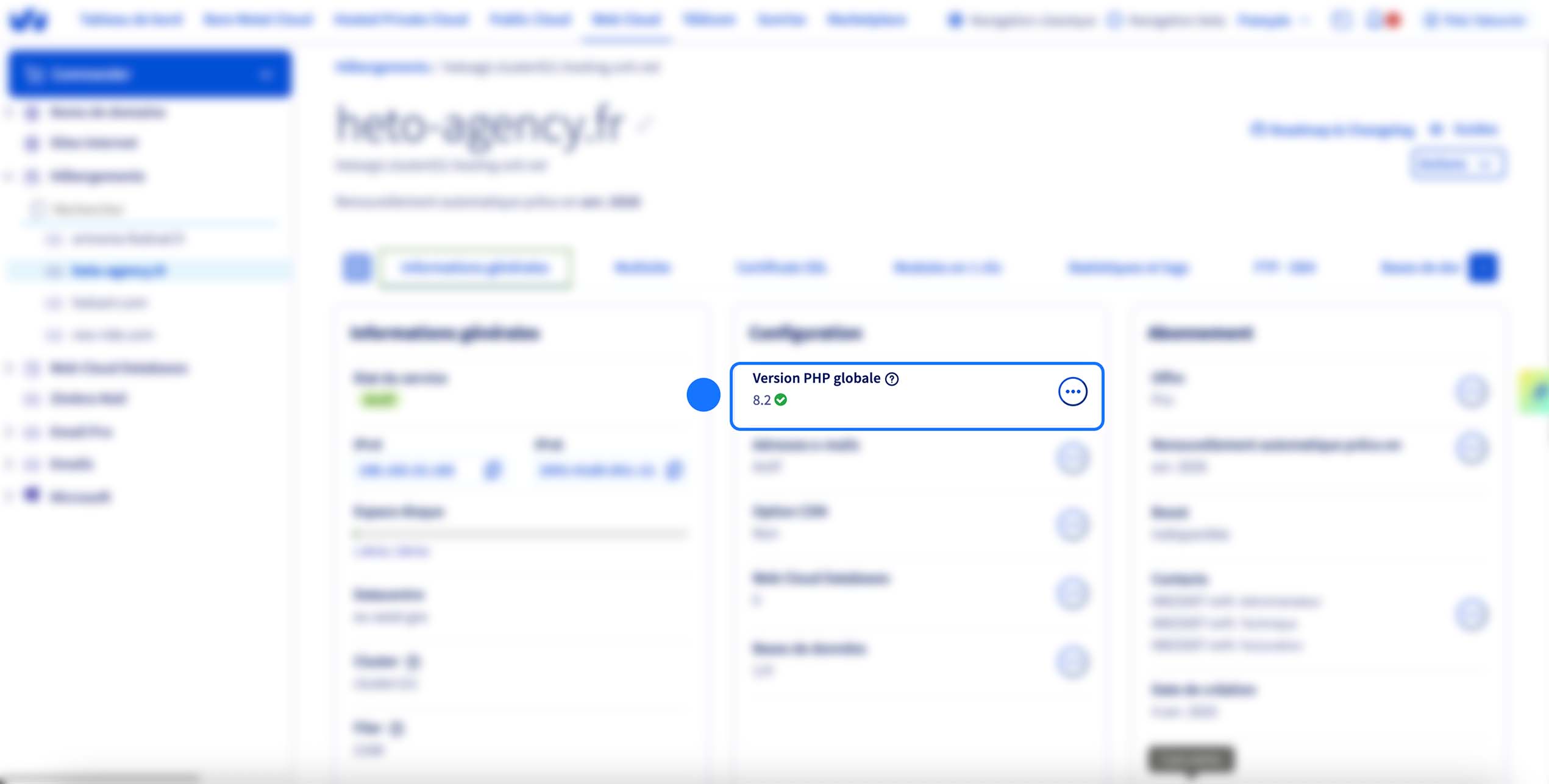 Vérification / configuration de la version PHP globale du site (8.2) depuis l’interface d’hébergement.