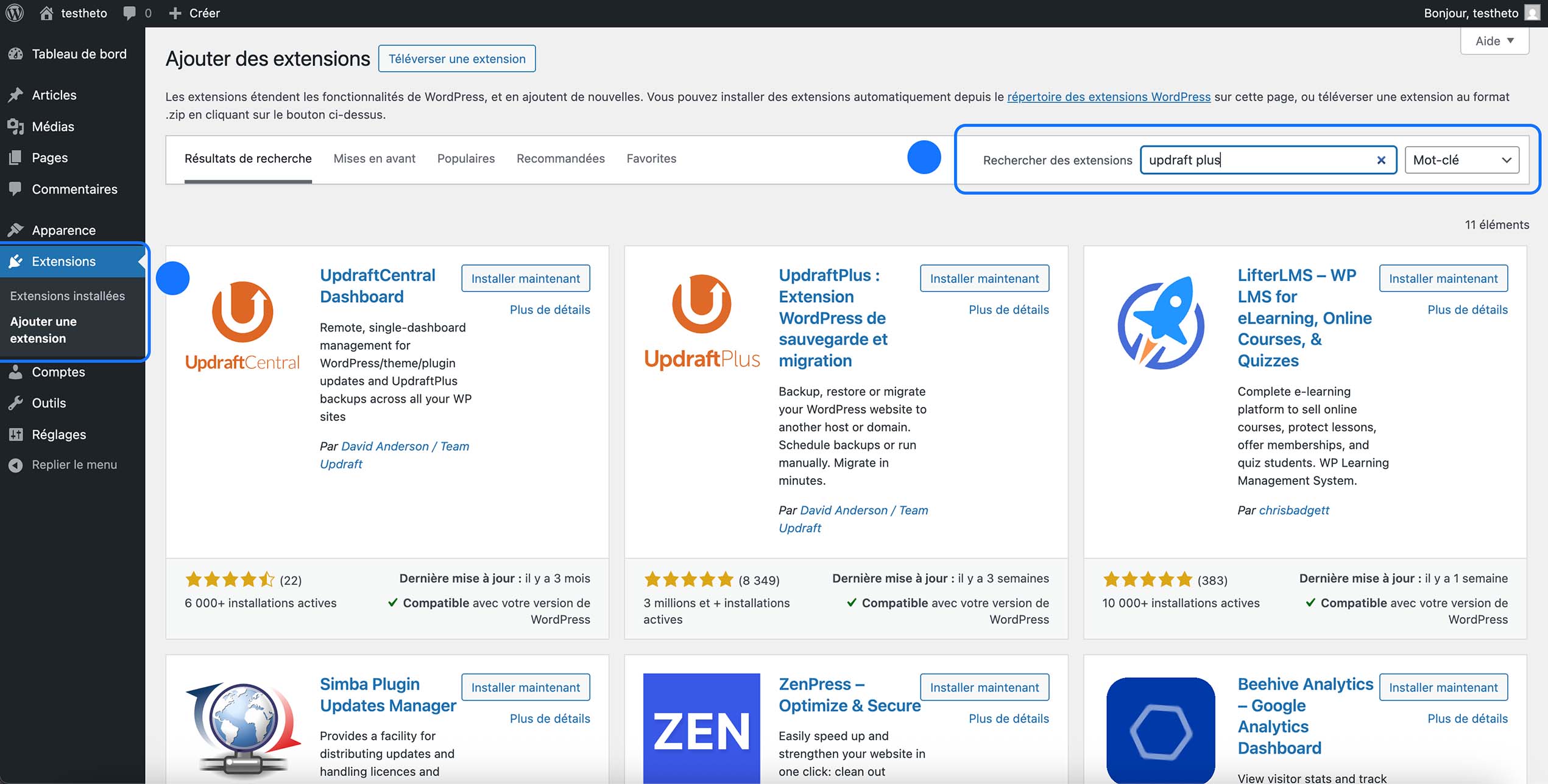 Capture d’écran de l’ajout d’extensions WordPress avec la recherche « updraft plus » pour trouver le plugin de sauvegarde UpdraftPlus.