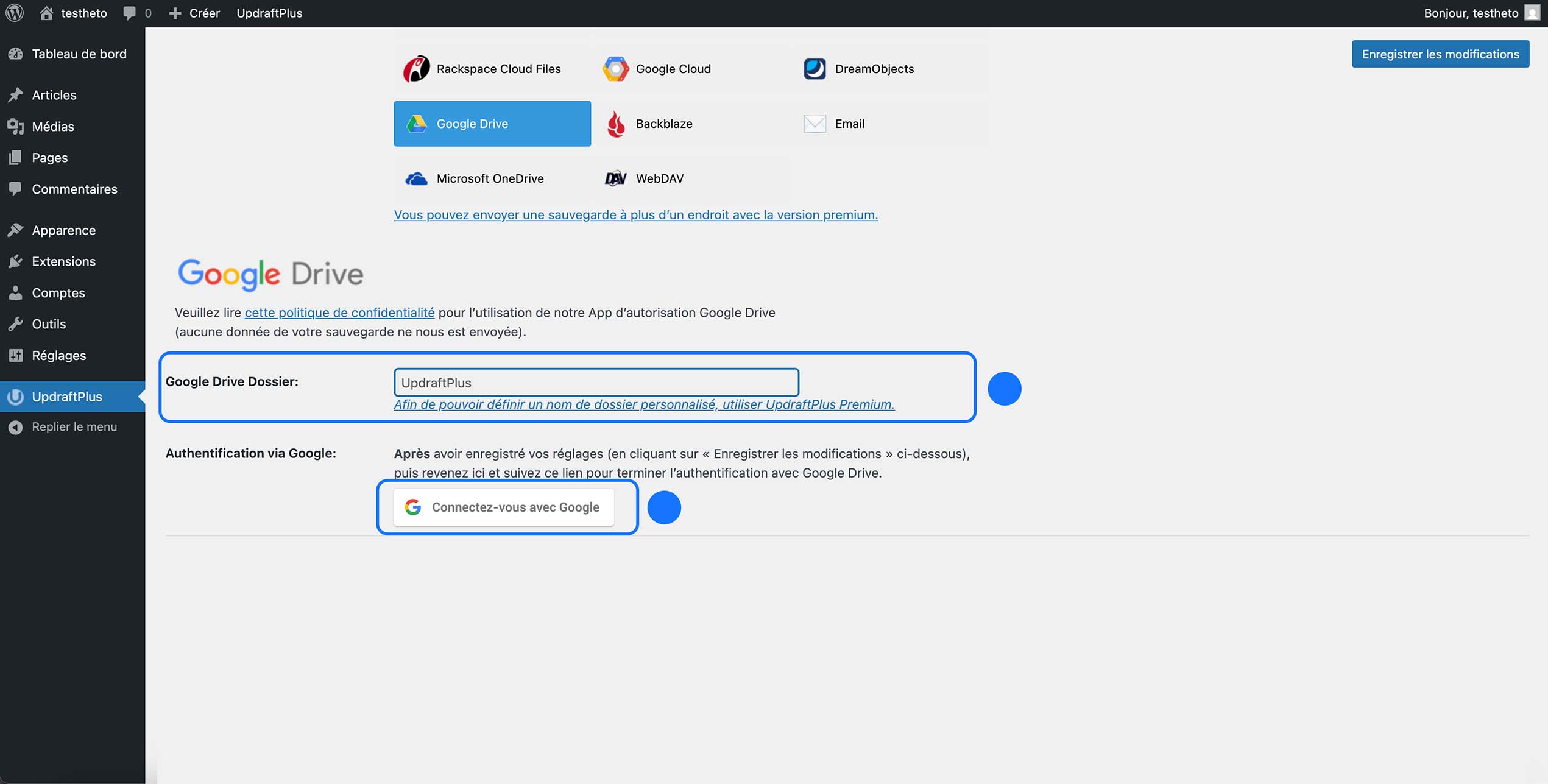 Capture d’écran des paramètres UpdraftPlus WordPress montrant le choix du dossier Google Drive et le bouton de connexion pour autoriser les sauvegardes.
