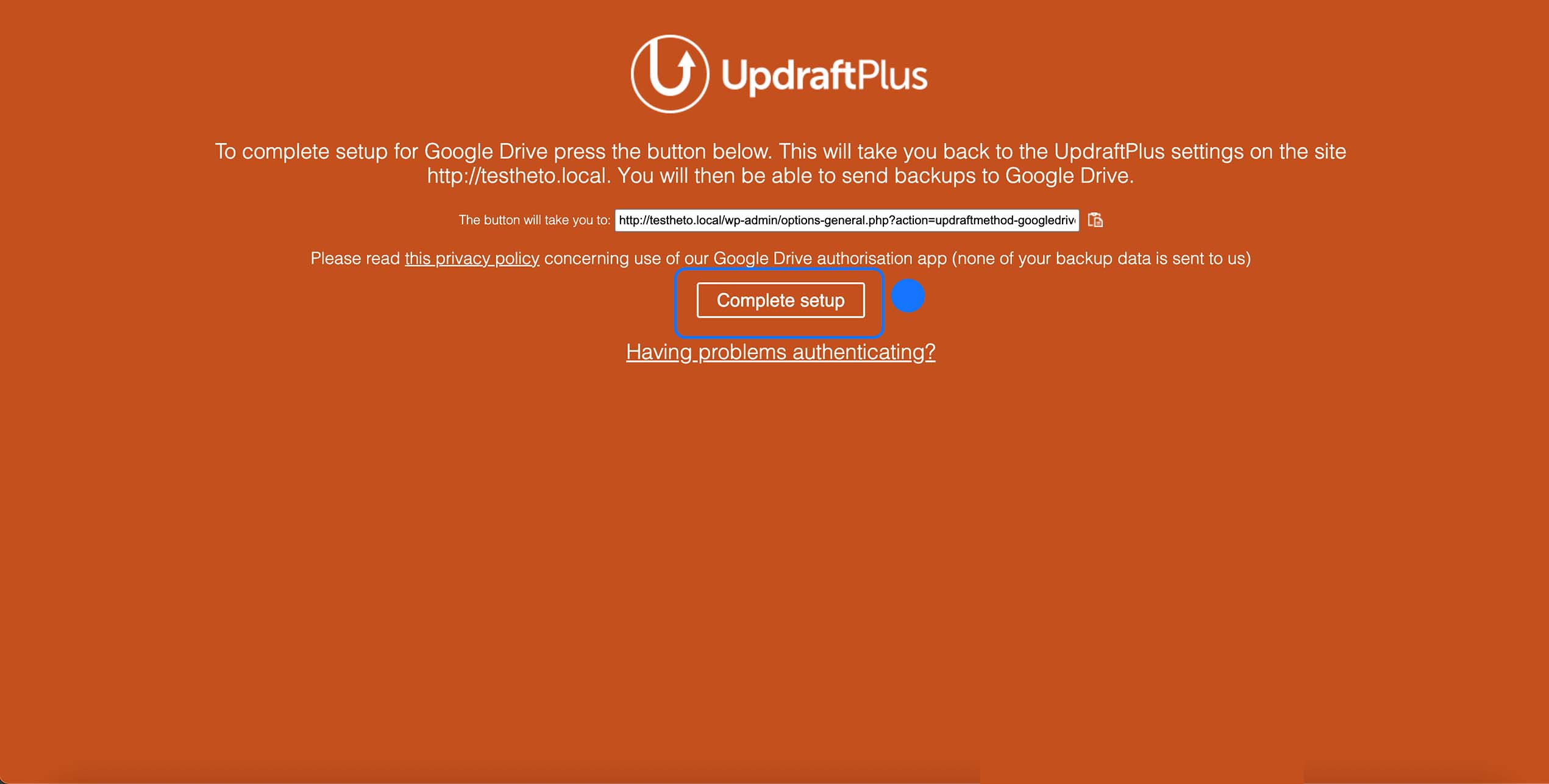 Page d’autorisation UpdraftPlus demandant de finaliser la configuration Google Drive via le bouton Complete setup pour activer les sauvegardes WordPress.