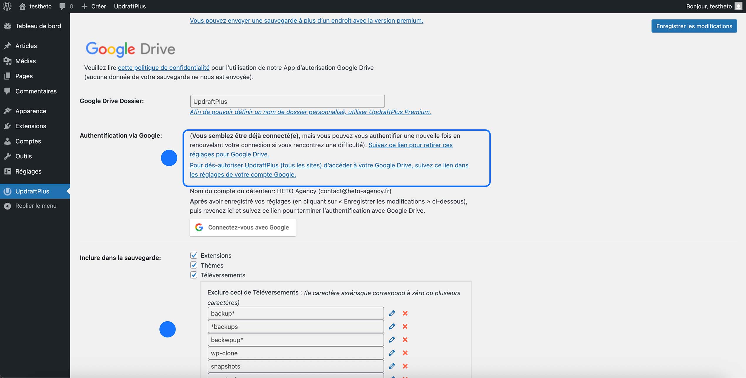 Capture d’écran des paramètres UpdraftPlus WordPress affichant la connexion et l’authentification à Google Drive pour le stockage des sauvegardes.