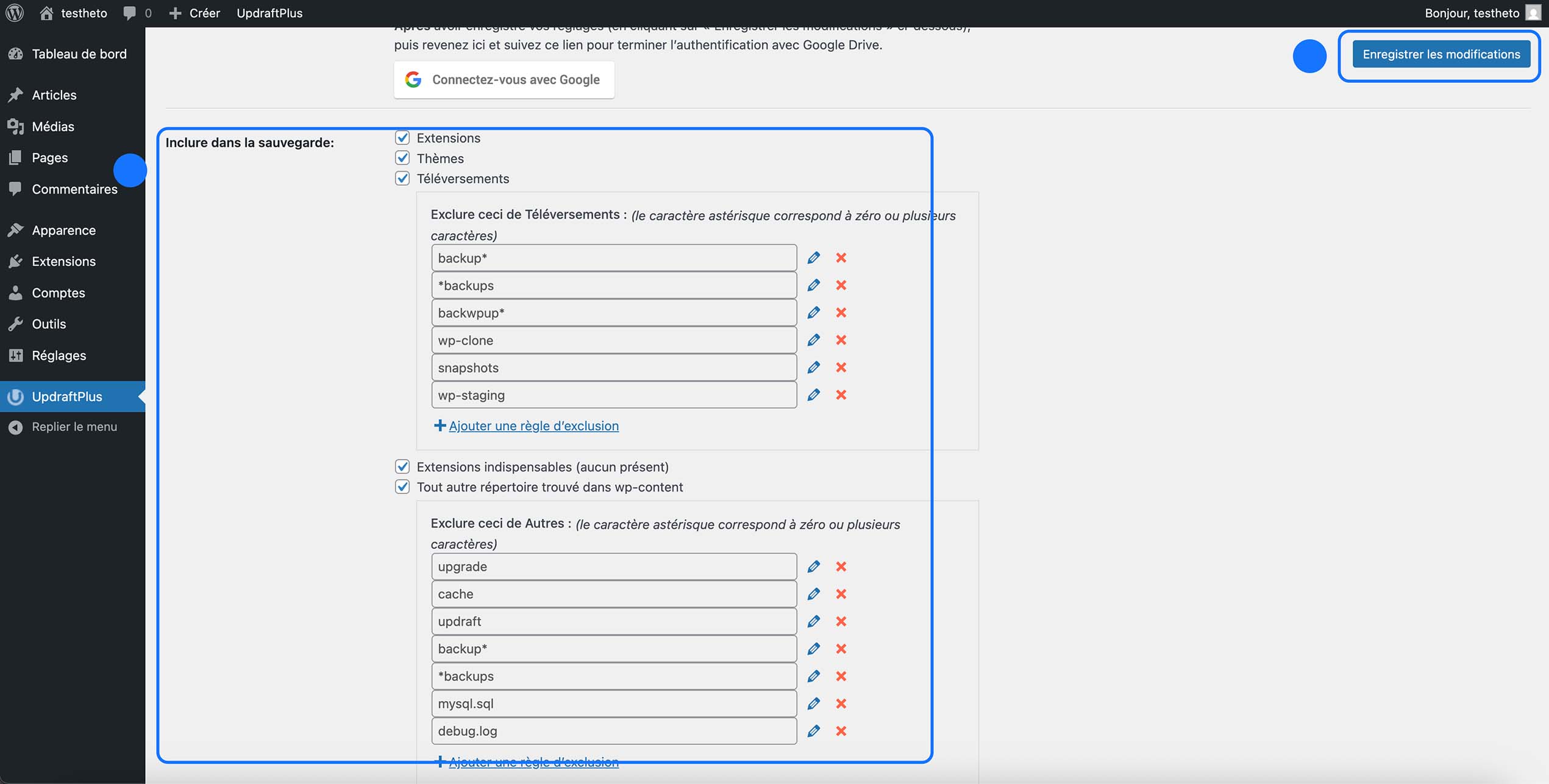 Capture d’écran des réglages UpdraftPlus dans WordPress montrant les éléments inclus et exclus de la sauvegarde des extensions, thèmes et téléversements.