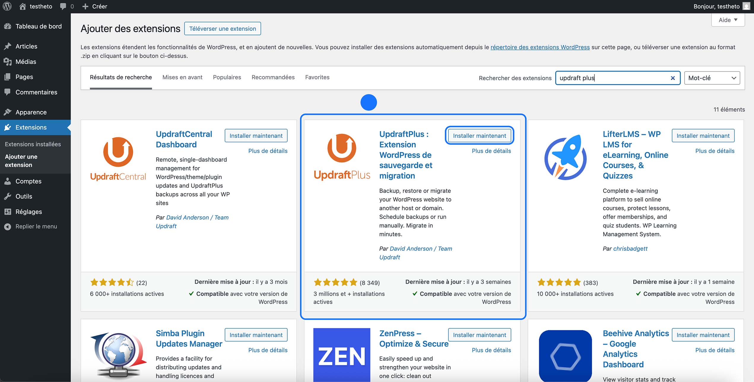 Capture d’écran du répertoire des extensions WordPress mettant en avant UpdraftPlus avec le bouton Installer maintenant pour la sauvegarde et la migration.