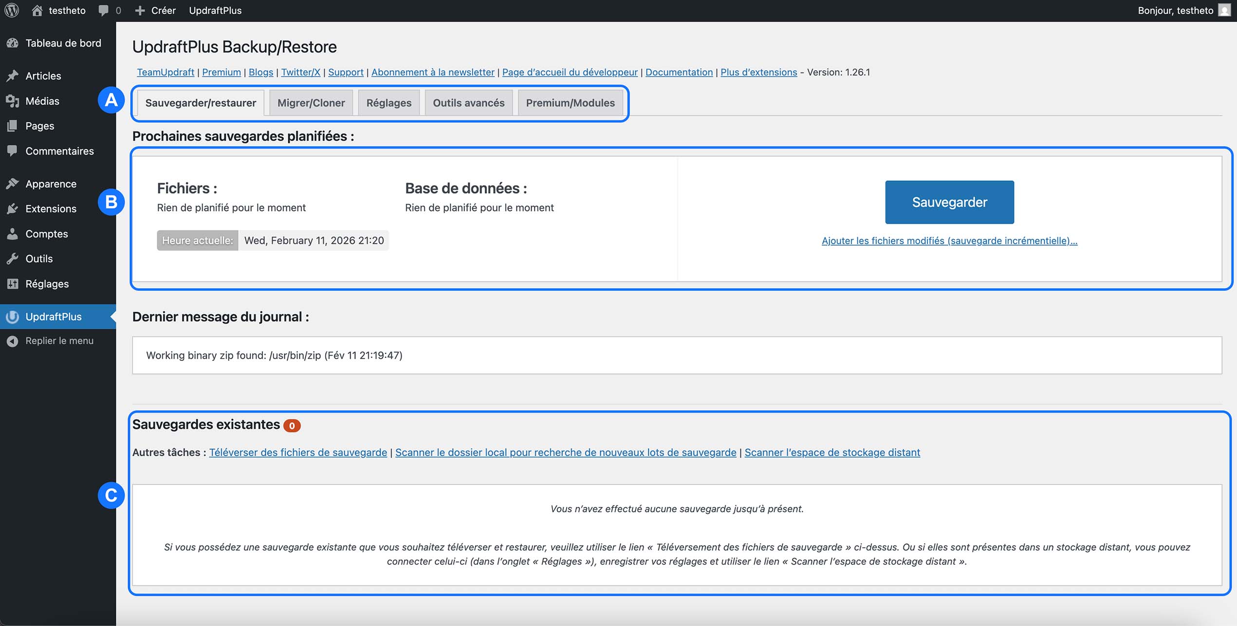 Capture d’écran du tableau de bord UpdraftPlus WordPress affichant les onglets, les sauvegardes planifiées et l’absence de sauvegardes existantes.