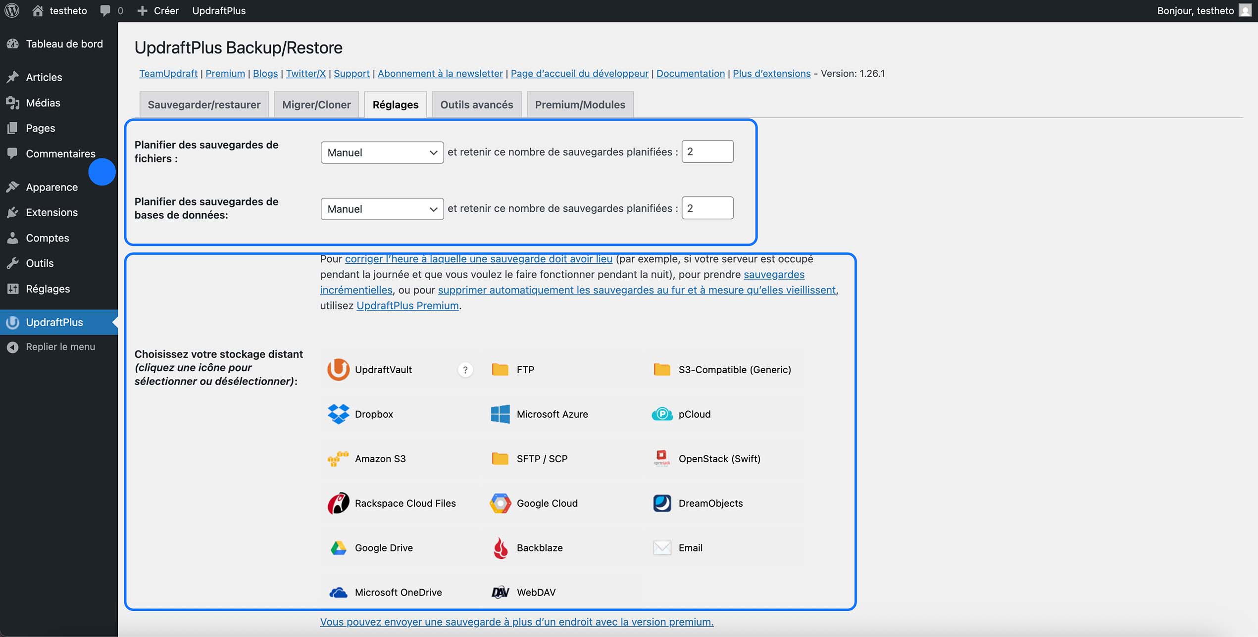 Capture d’écran des réglages UpdraftPlus WordPress présentant la planification des sauvegardes et les options de stockage distant disponibles.