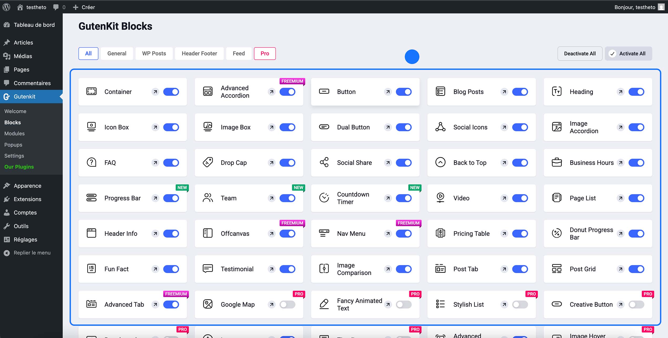 Interface de GutenKit avec divers blocs disponibles pour la création de contenu.