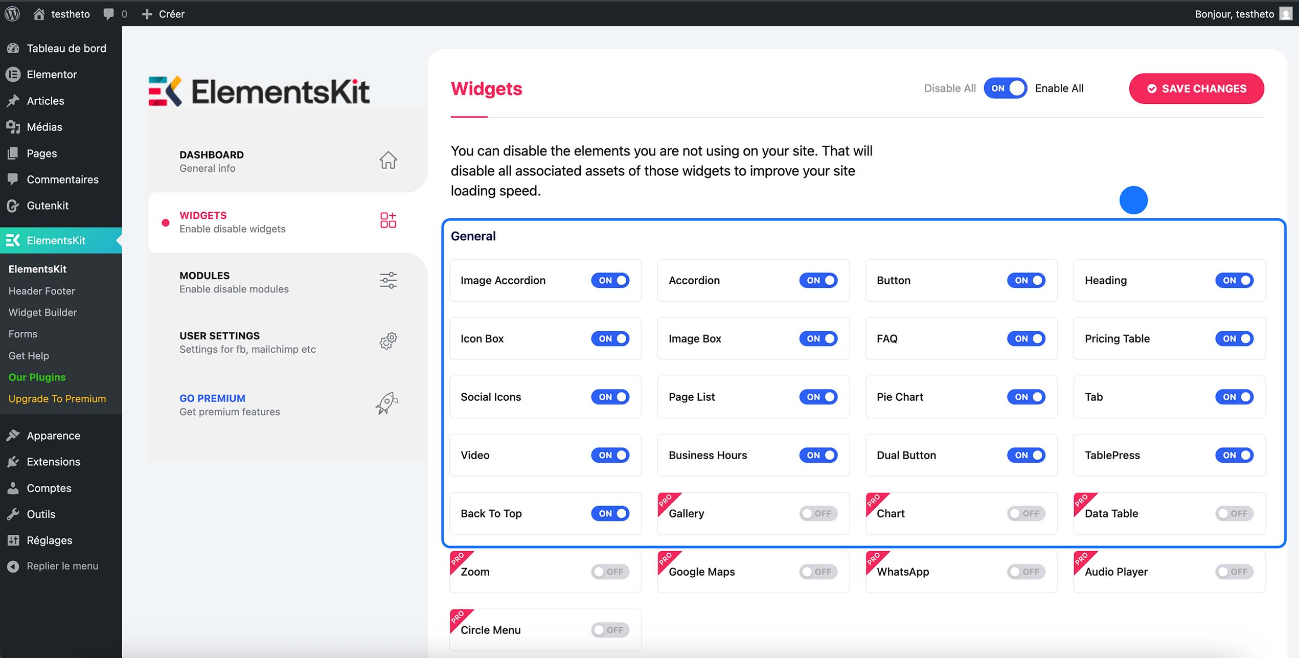 Interface de gestion des widgets dans ElementsKit pour WordPress.