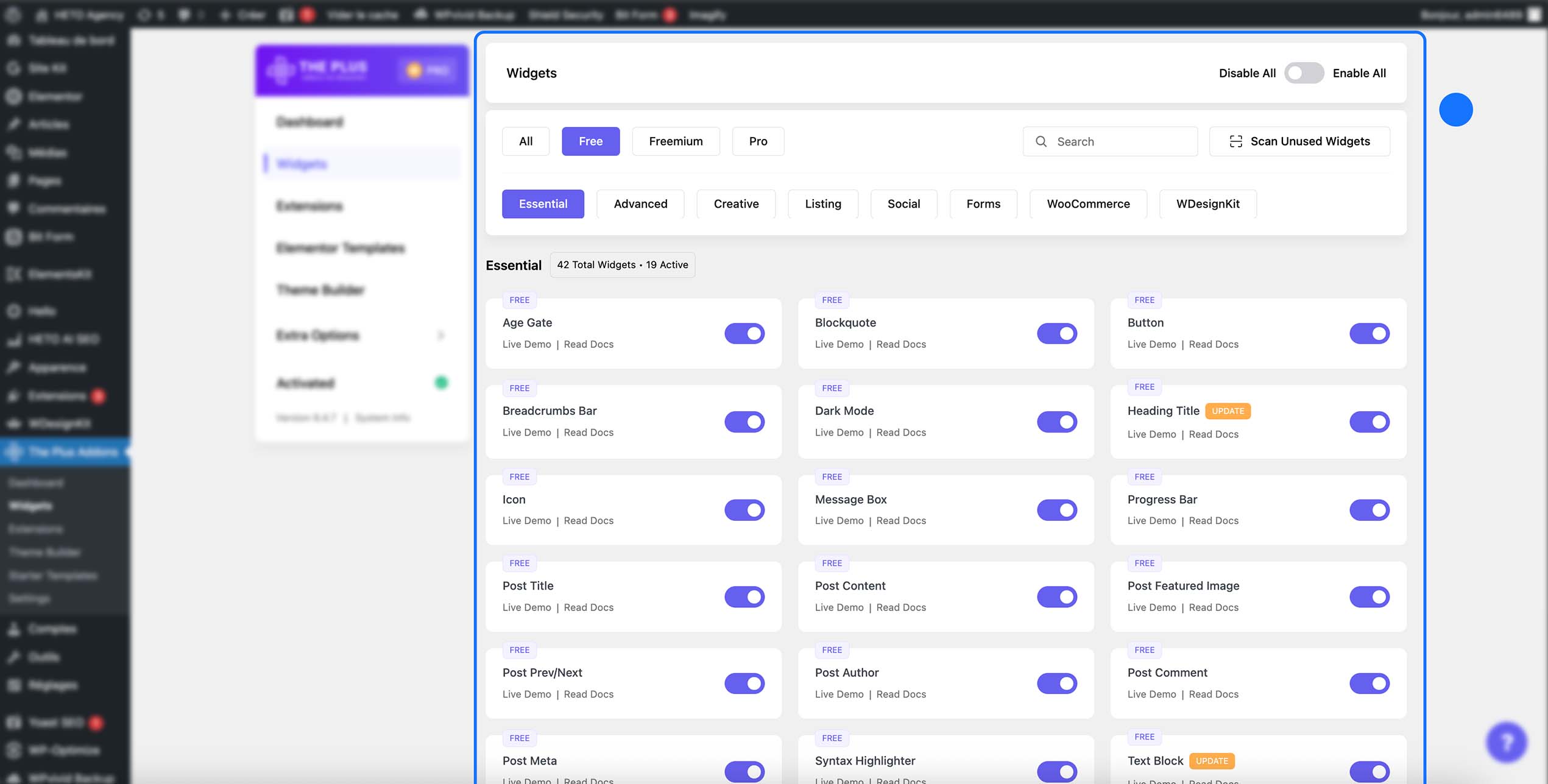 Interface utilisateur de widgets The plus Addons avec options de personnalisation.