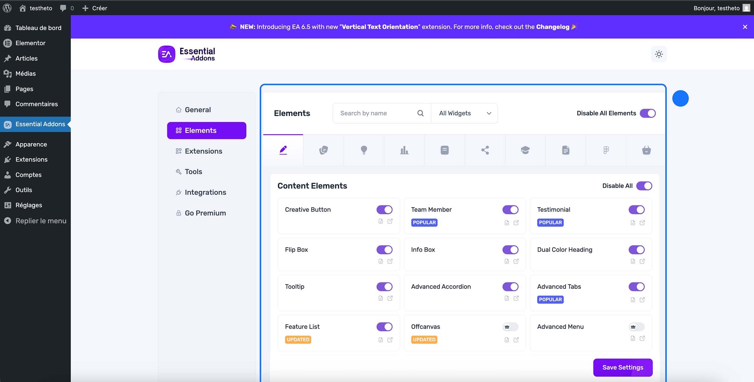 Interface utilisateur de l'extension Essential Addons pour WordPress, affichant des éléments de contenu avec des options d'activation et de désactivation.