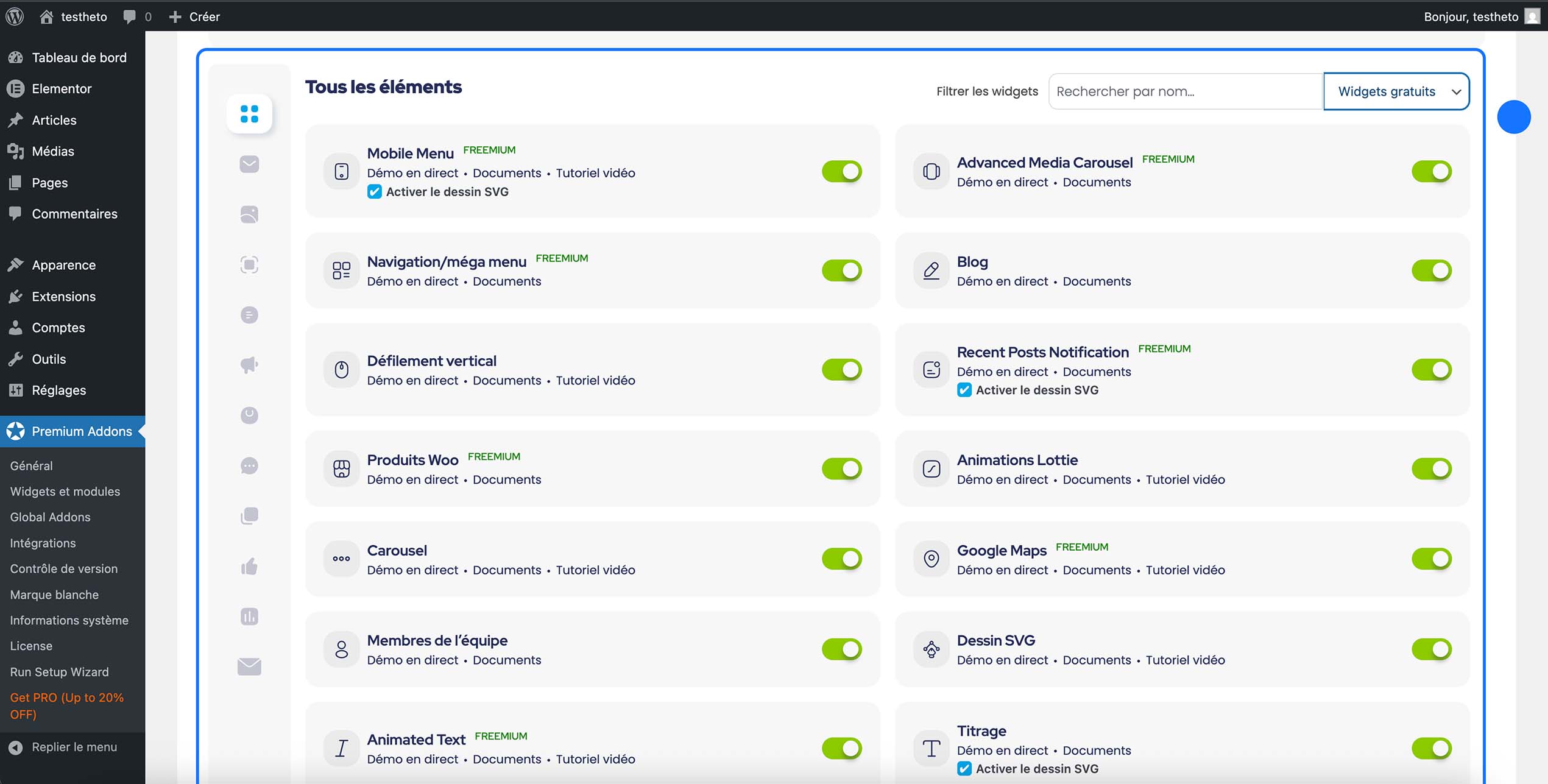 Interface de Premium Addons montrant des éléments de widgets avec des options activées et désactivées.
