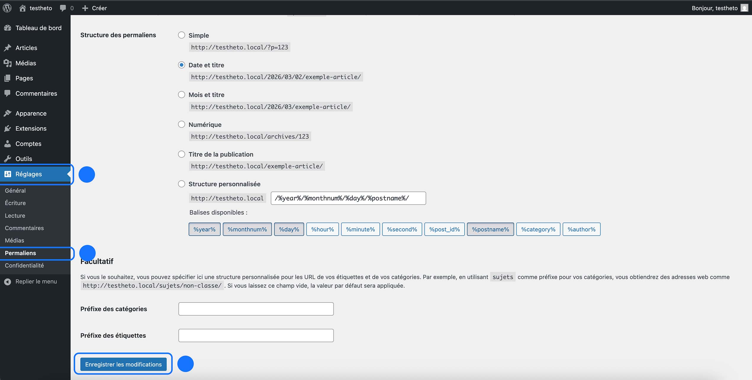 Interface de configuration des permaliens dans WordPress.