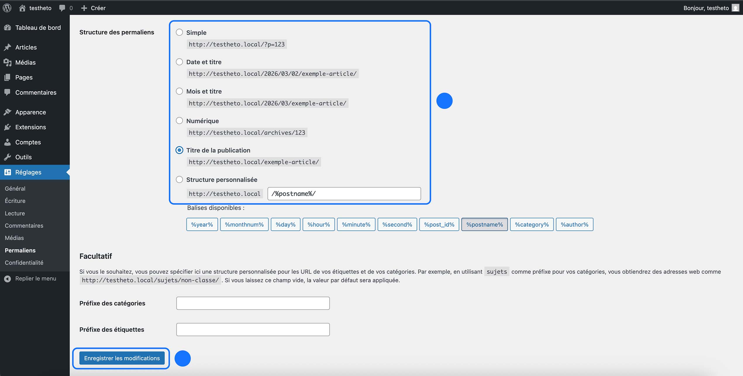 Interface de configuration des permaliens dans WordPress.