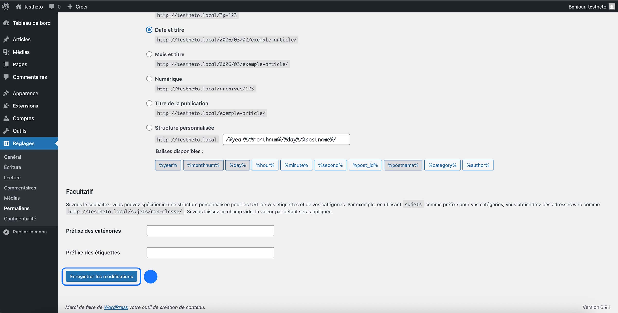 Interface de l'éditeur WordPress avec des options de publication et de balises.
