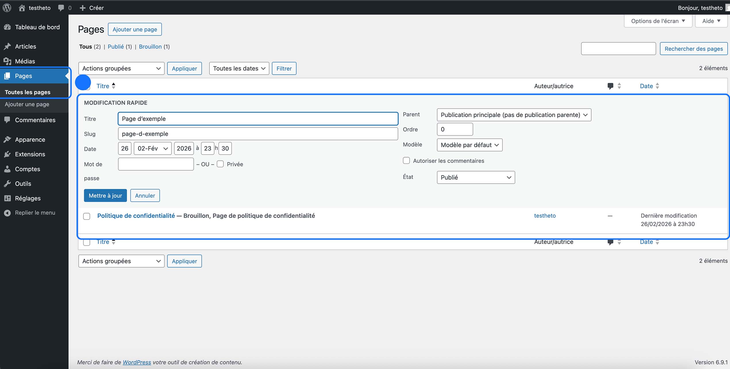 Interface de création de page dans WordPress avec options de publication et de parenté.