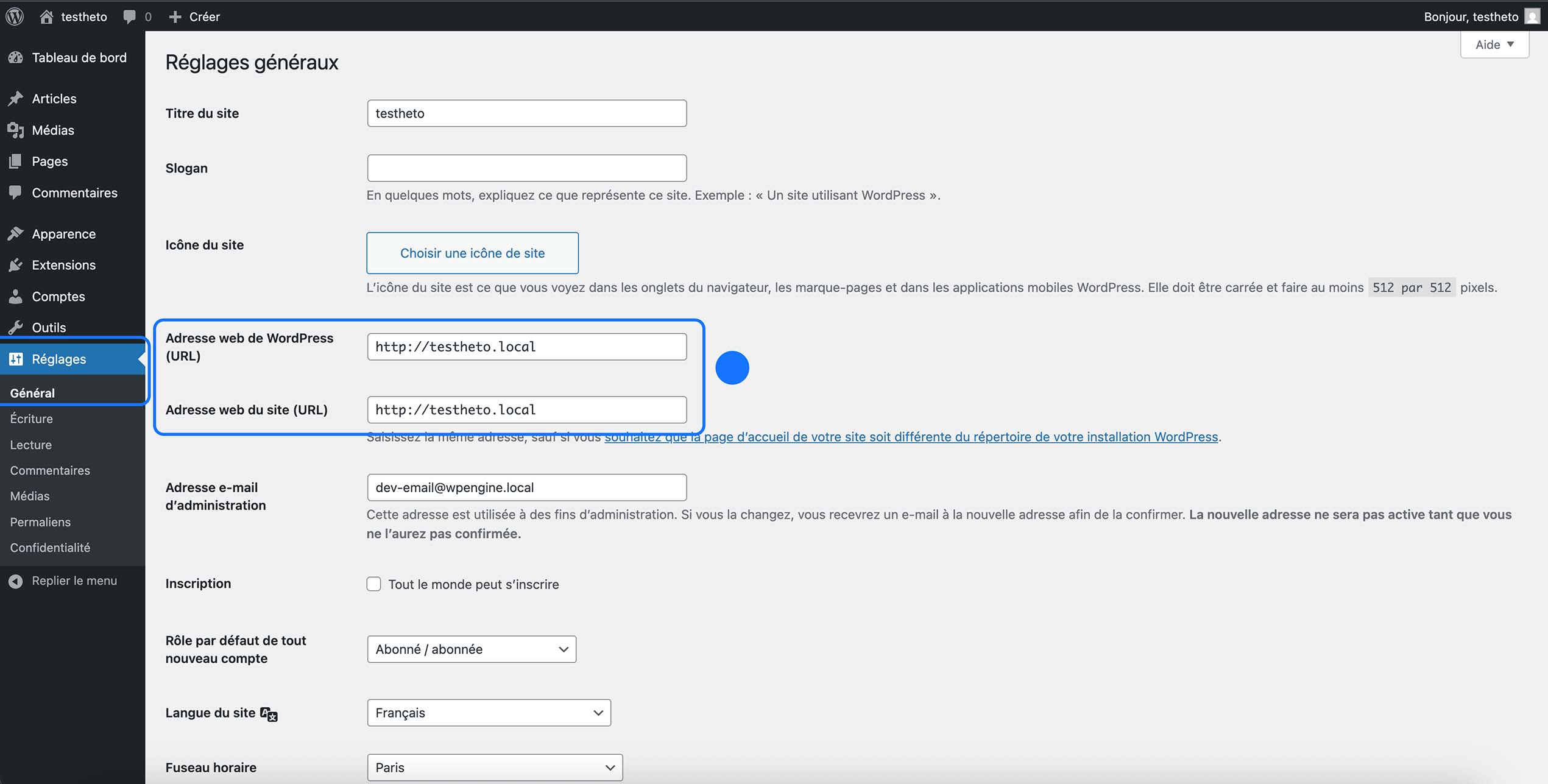 Interface de réglages généraux de WordPress avec des champs pour le titre du site, l'adresse web et d'autres options.