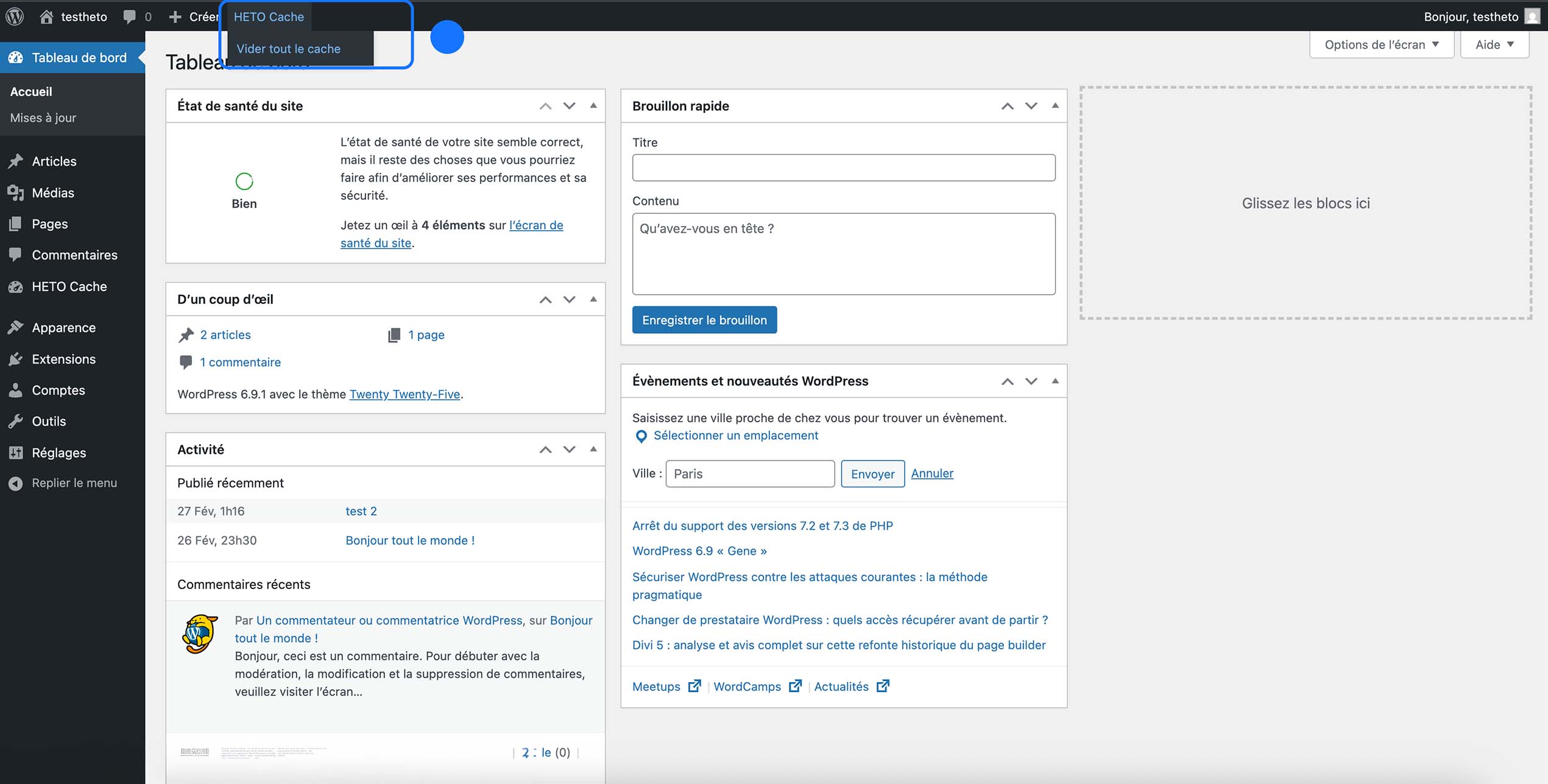 Tableau de bord WordPress avec sections pour la gestion du site et des articles.