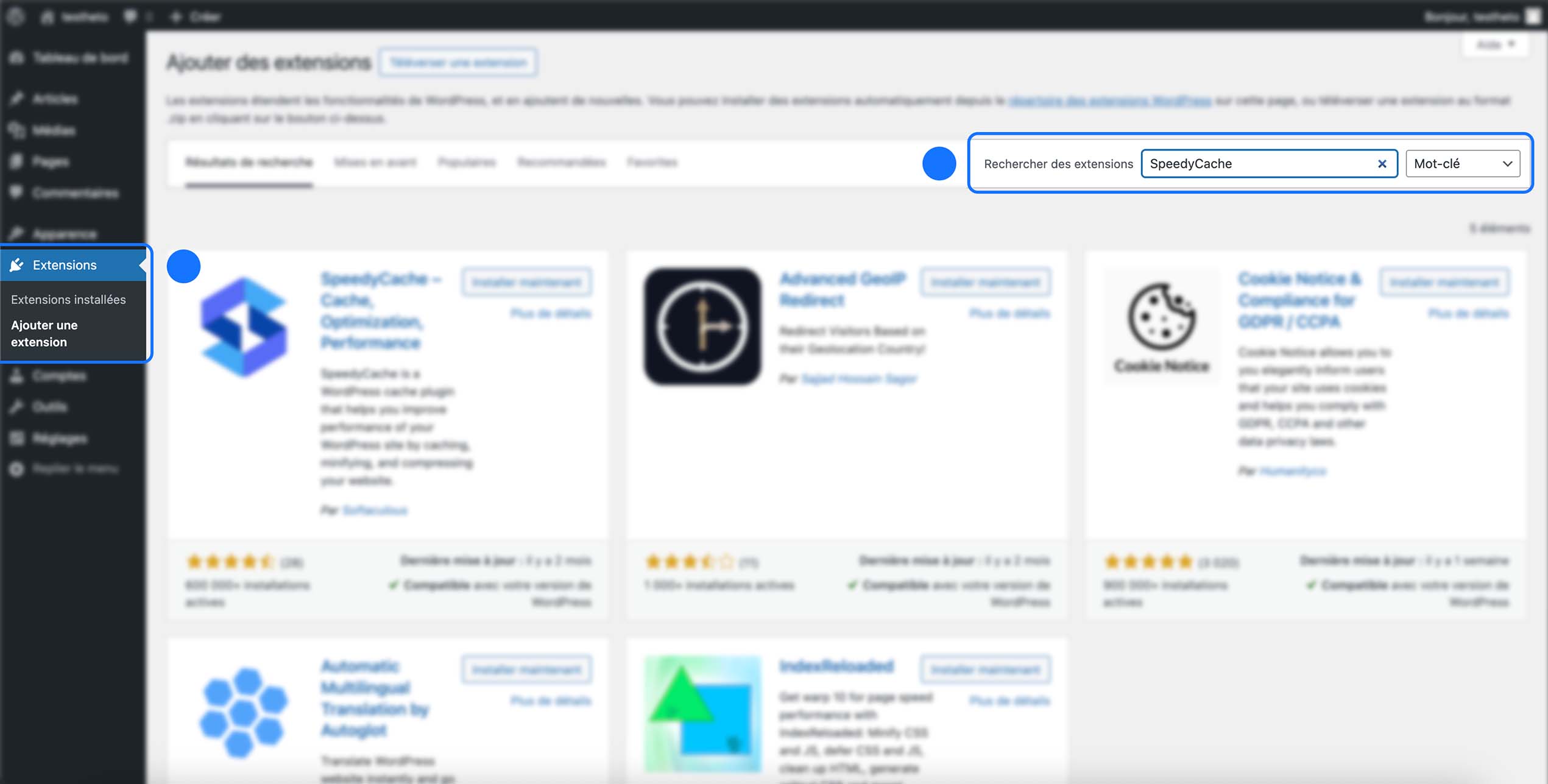 Recherche et installation de l’extension SpeedyCache depuis le répertoire des extensions WordPress afin d’optimiser les performances et la mise en cache du site.