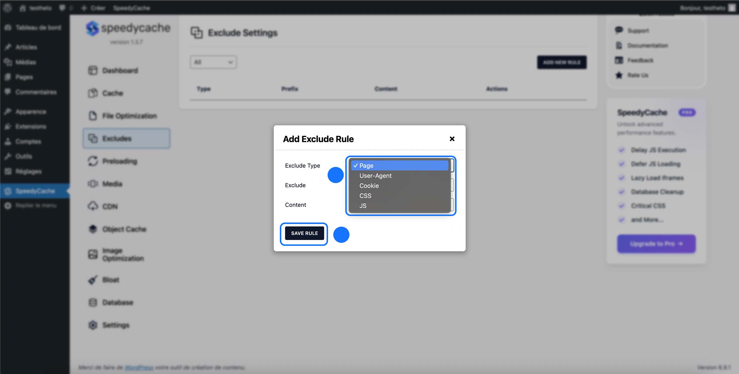 Ajout d’une règle d’exclusion dans SpeedyCache permettant d’exclure une page, un agent utilisateur, un cookie ou des fichiers CSS et JavaScript du système de cache afin d’éviter les conflits d’affichage ou de fonctionnement.