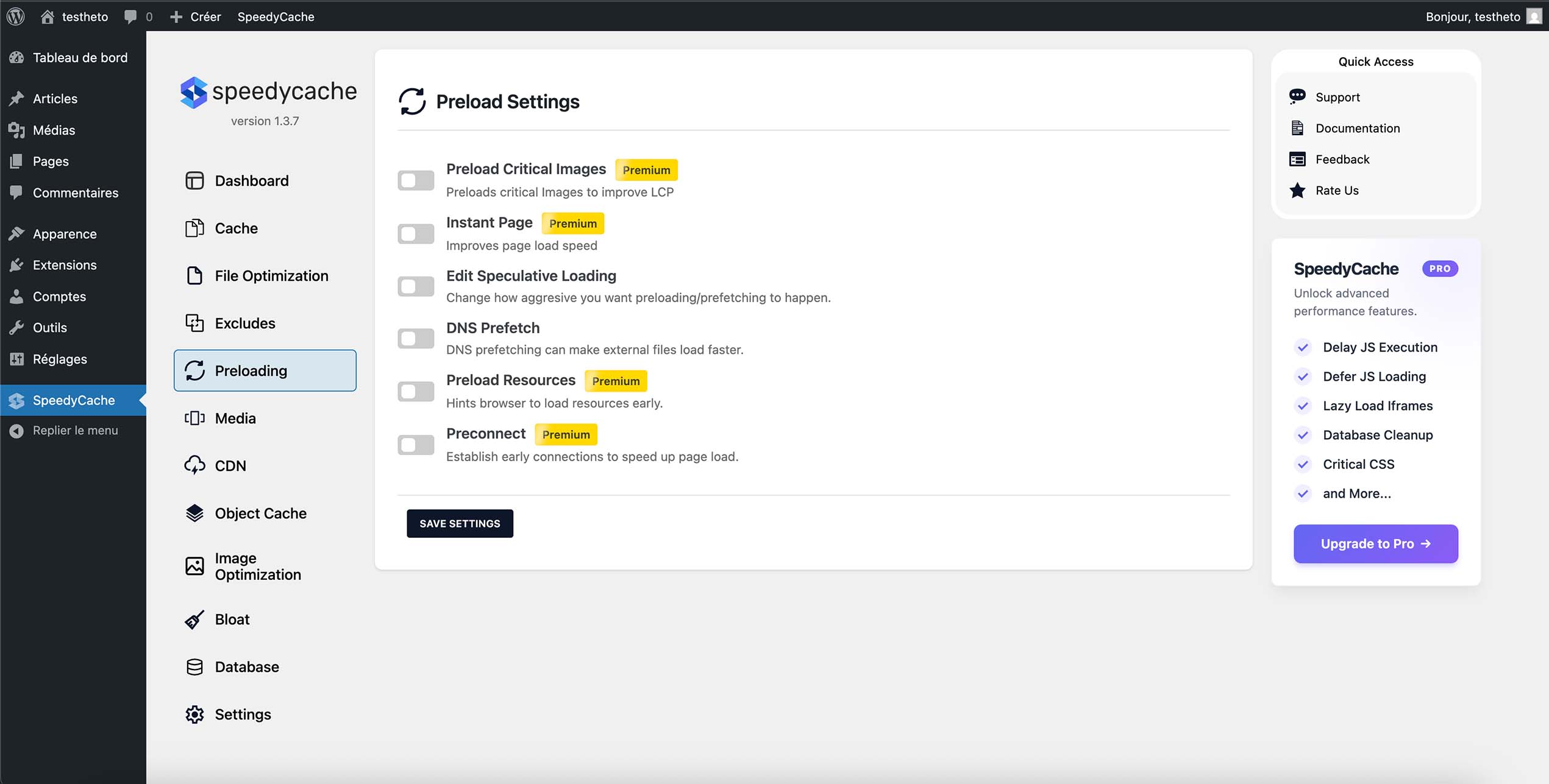 Configuration des options de préchargement dans SpeedyCache afin d’anticiper le chargement des ressources et d’améliorer la vitesse d’affichage ainsi que les performances globales du site.