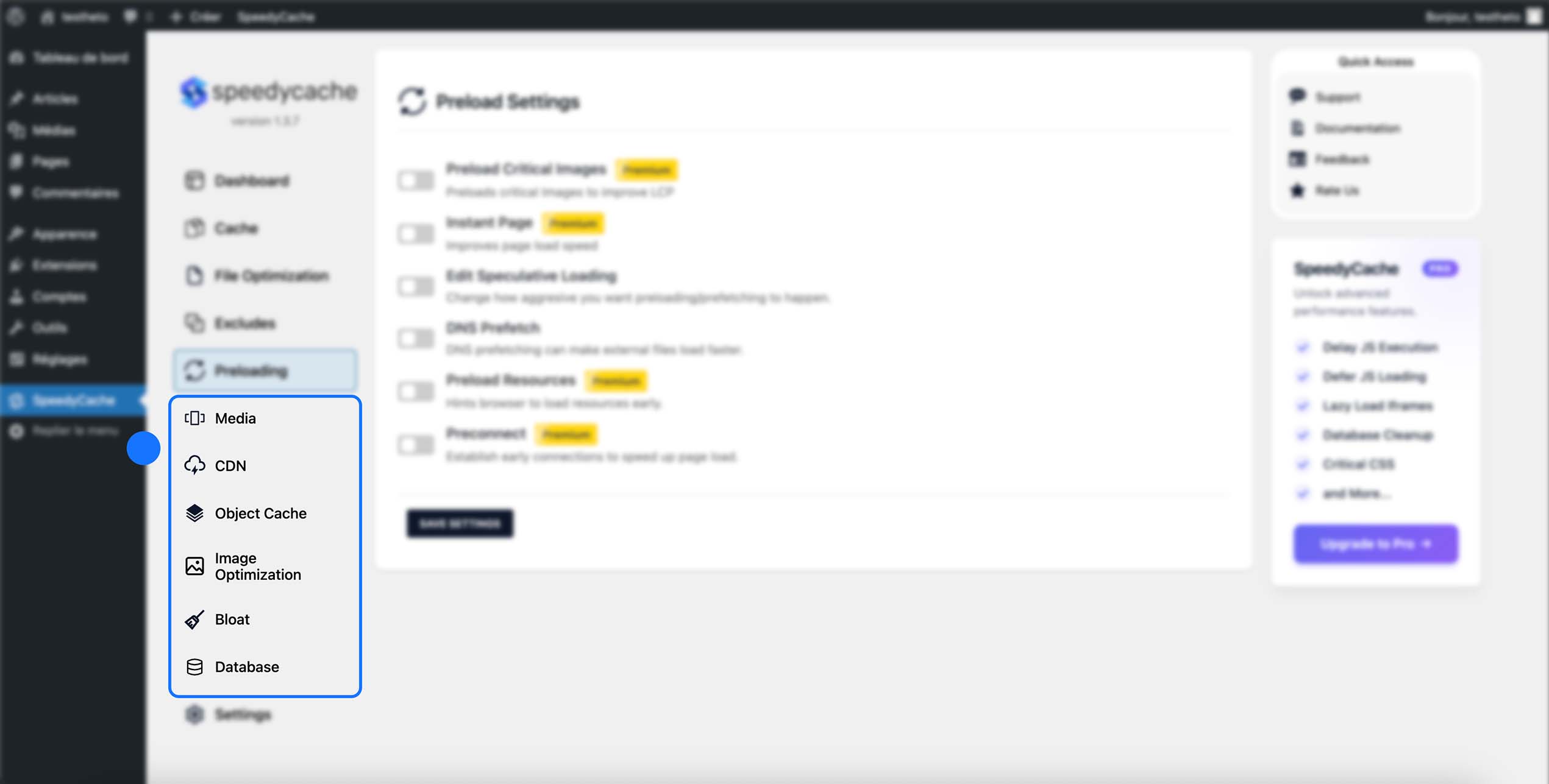 Accès aux sections avancées de SpeedyCache permettant de configurer les médias, le CDN, le cache d’objets, l’optimisation des images, la suppression des éléments inutiles et le nettoyage de la base de données pour améliorer les performances du site.