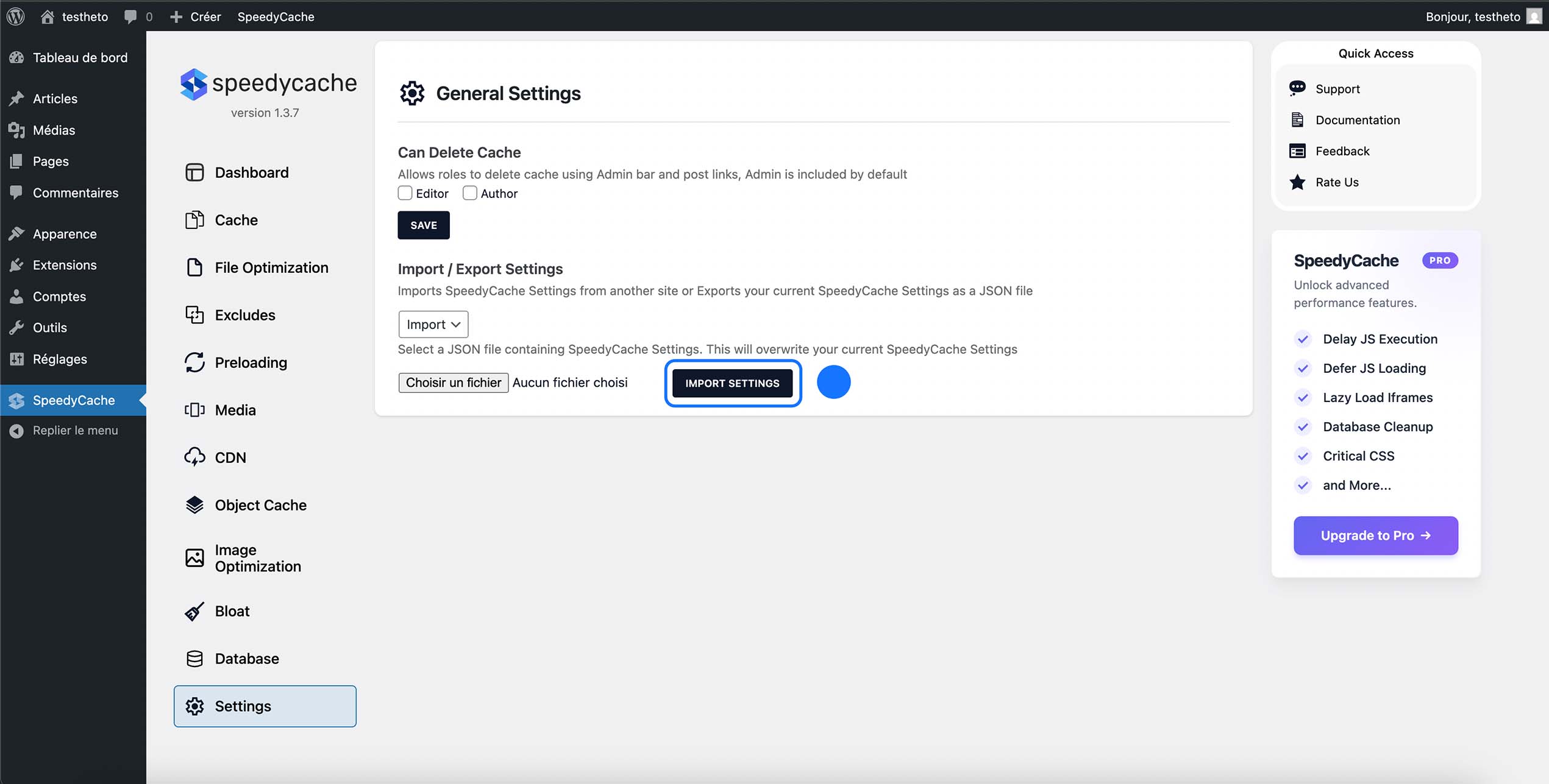 Accès aux paramètres généraux de SpeedyCache permettant de gérer les autorisations de suppression du cache ainsi que l’importation ou l’exportation des réglages du plugin pour les réutiliser sur un autre site WordPress.