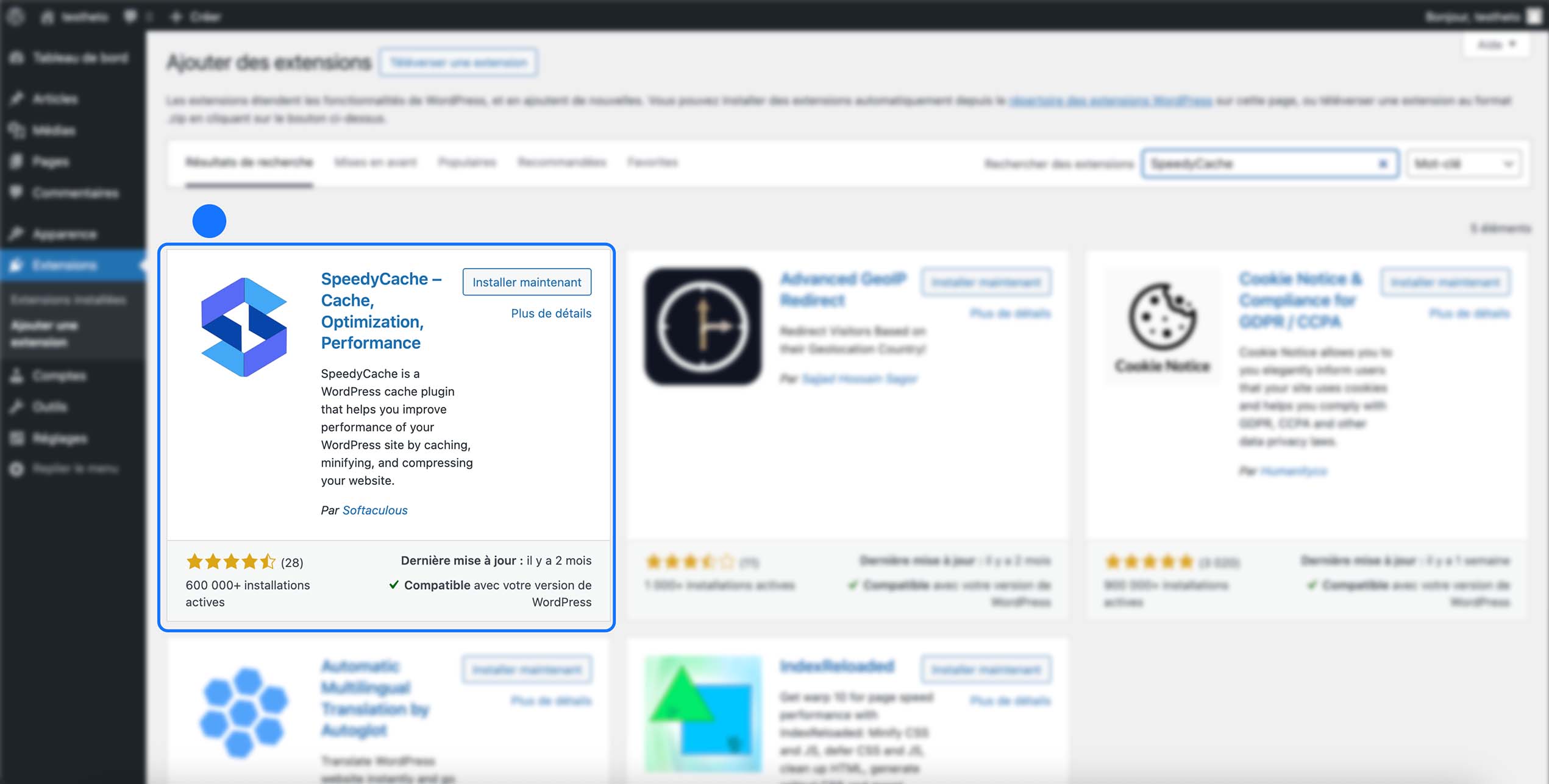 Installation de l’extension SpeedyCache depuis le répertoire WordPress en cliquant sur Installer maintenant afin d’améliorer les performances et la vitesse de chargement du site.