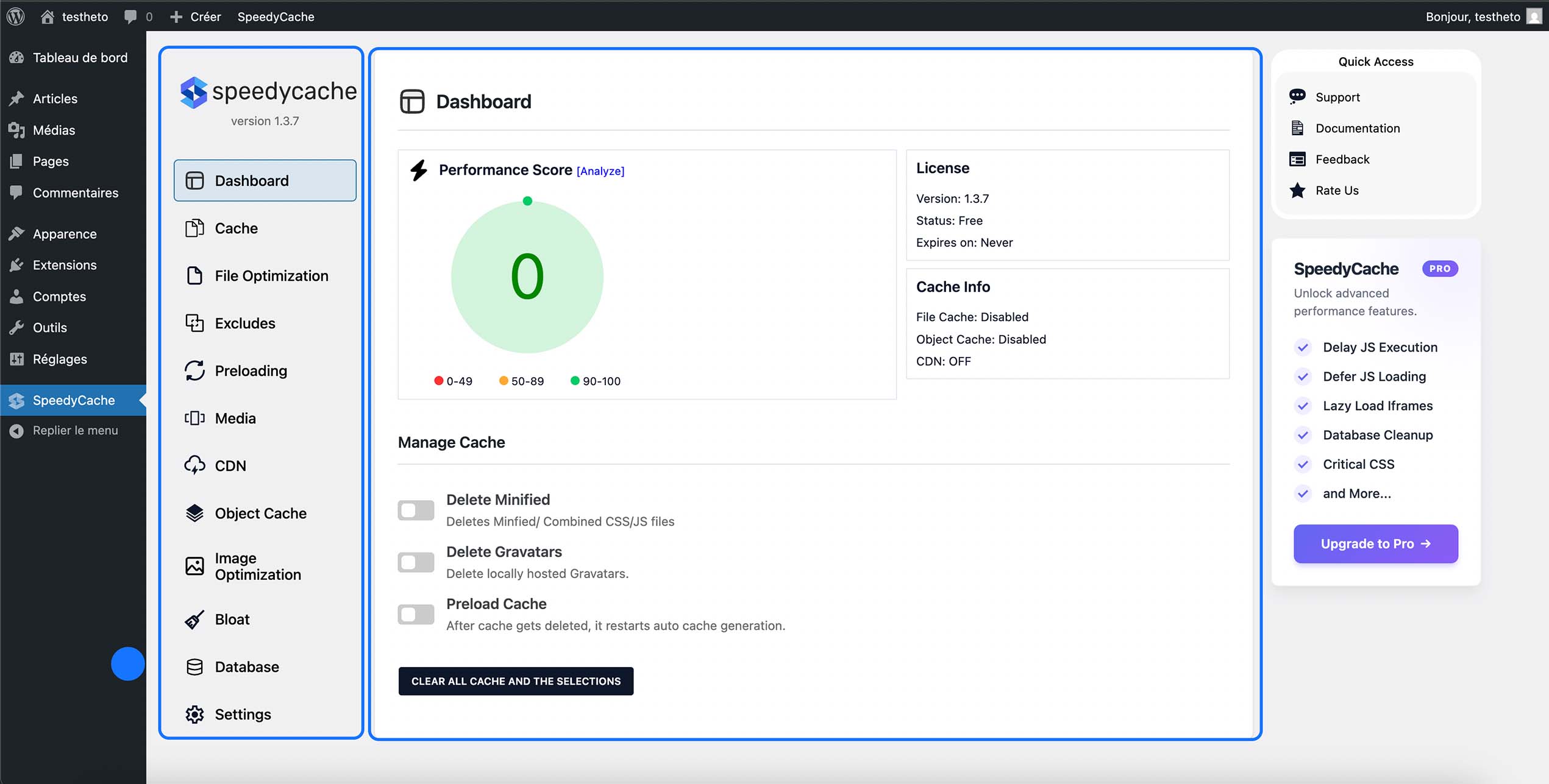 Accès au tableau de bord de SpeedyCache permettant de visualiser le score de performance et de gérer les options de cache pour optimiser la vitesse du site.