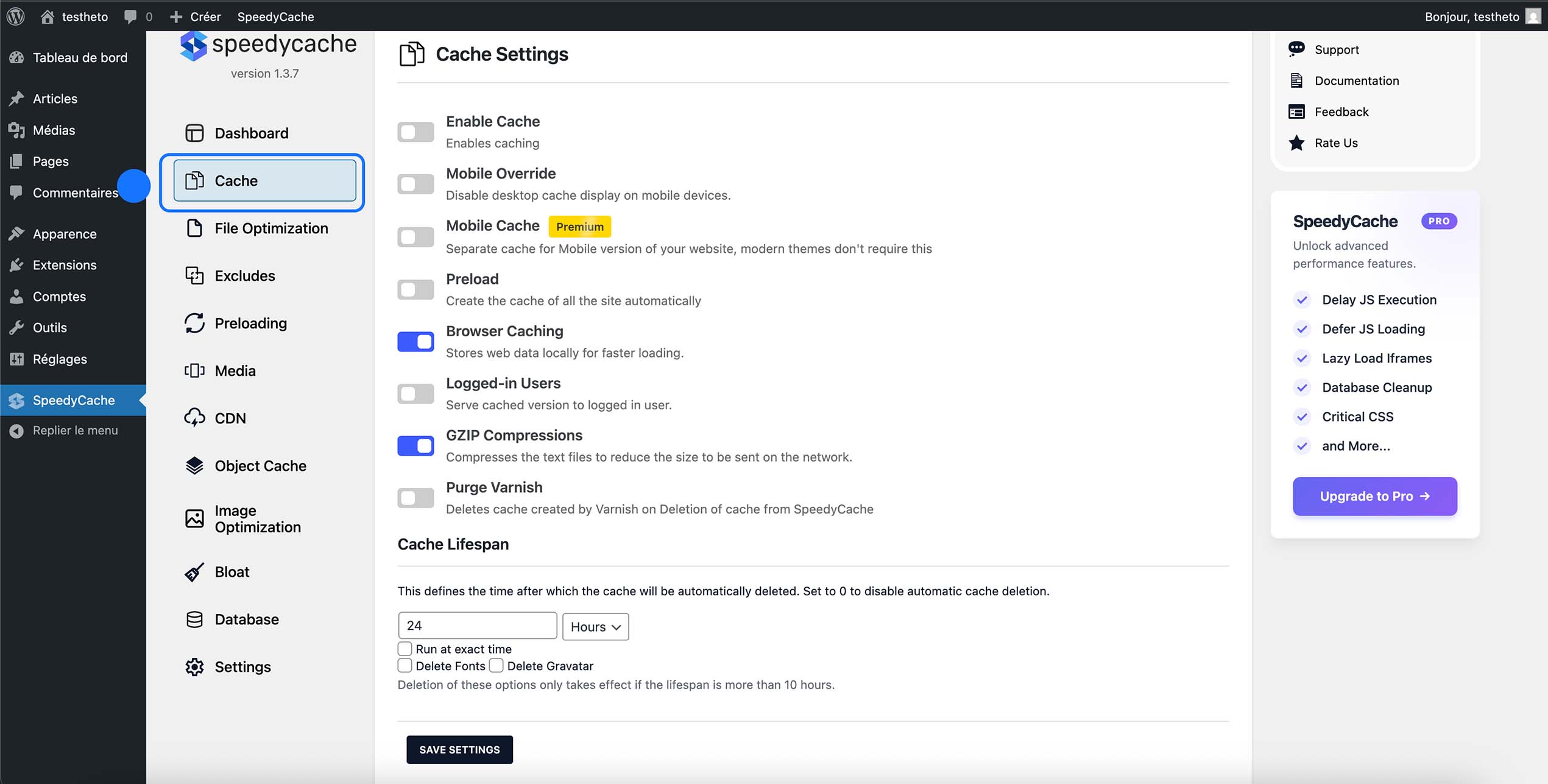 Configuration des paramètres de cache dans SpeedyCache, permettant d’activer la mise en cache, la compression GZIP et le cache navigateur afin d’améliorer les performances du site WordPress.