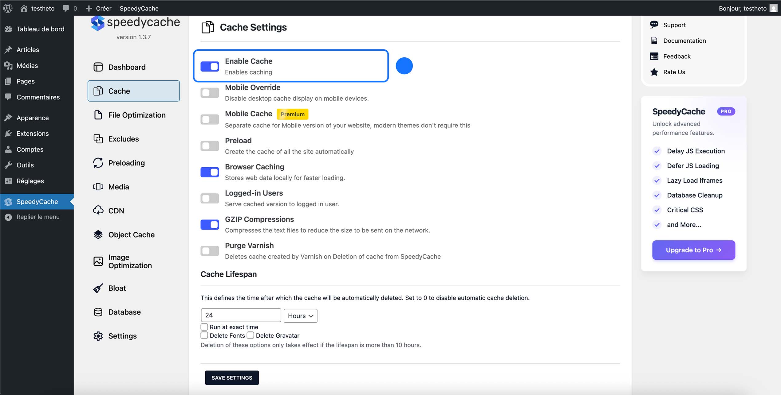 Activation du cache dans les paramètres de SpeedyCache en cochant l’option Enable Cache afin d’améliorer le temps de chargement et les performances globales du site WordPress.